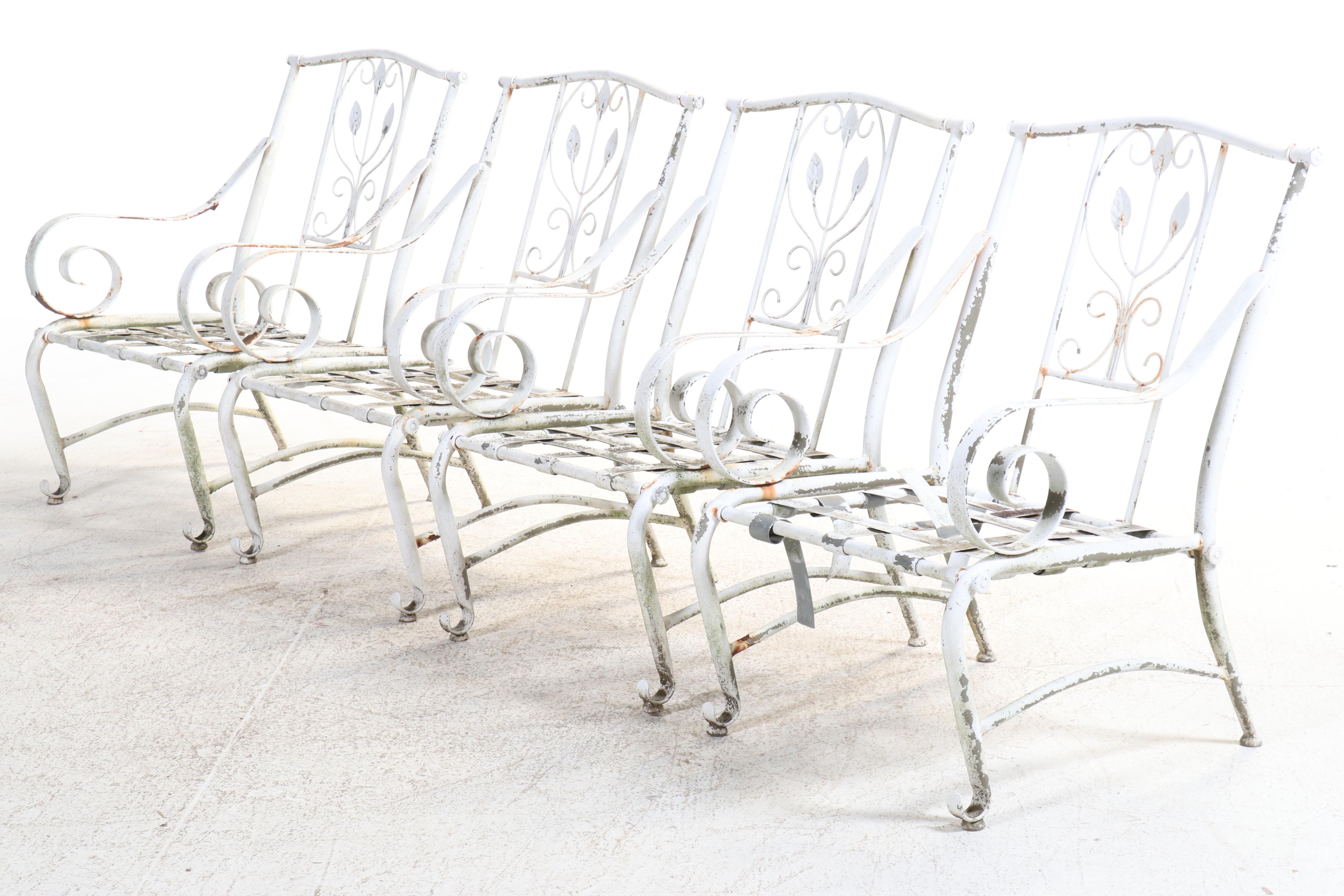 Set of Five White-Painted Aluminum and Steel Patio Armchairs