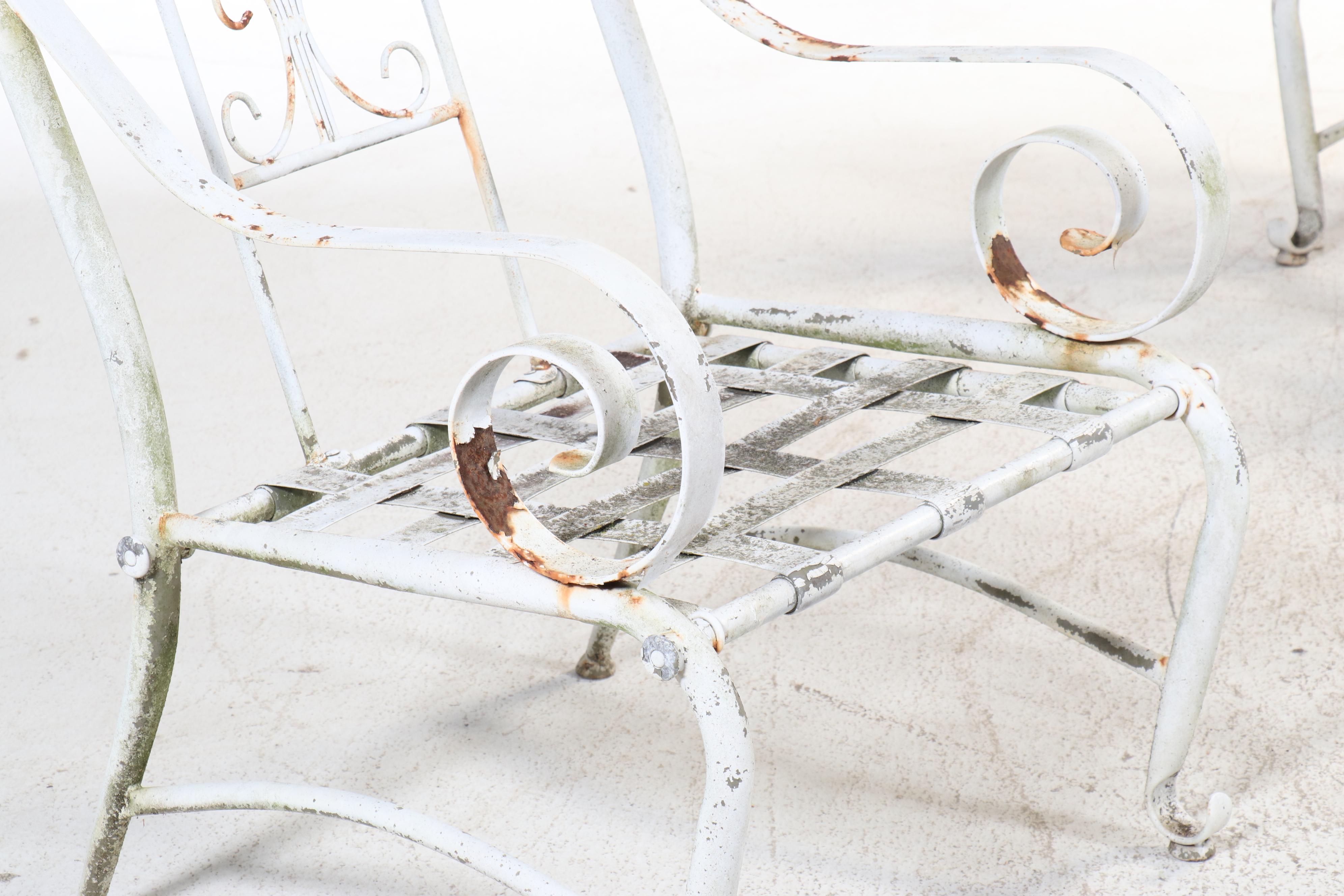 Set of Five White-Painted Aluminum and Steel Patio Armchairs