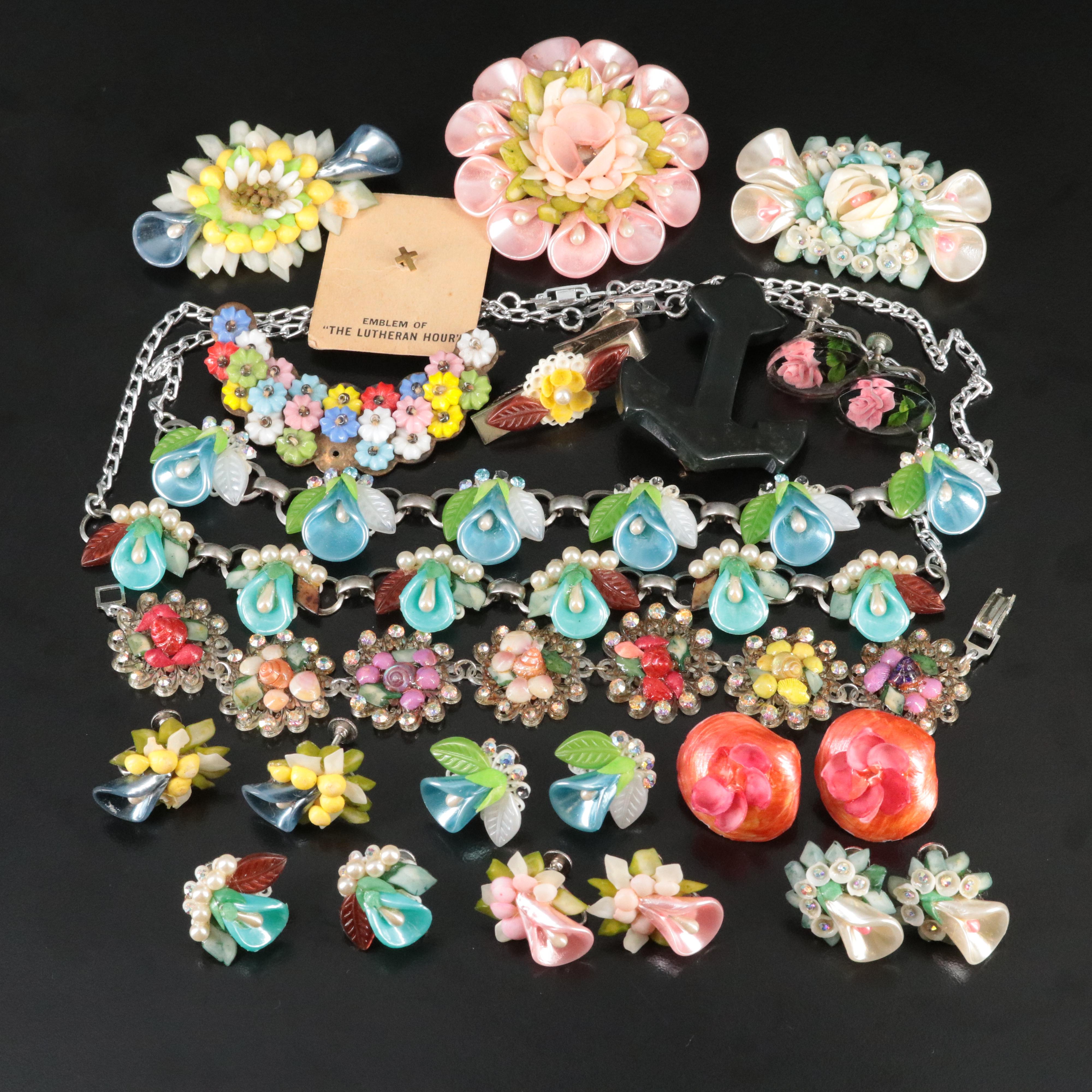 1940's Jewelry Collection with Glass, Resin, Faux Pearl and Bakelite