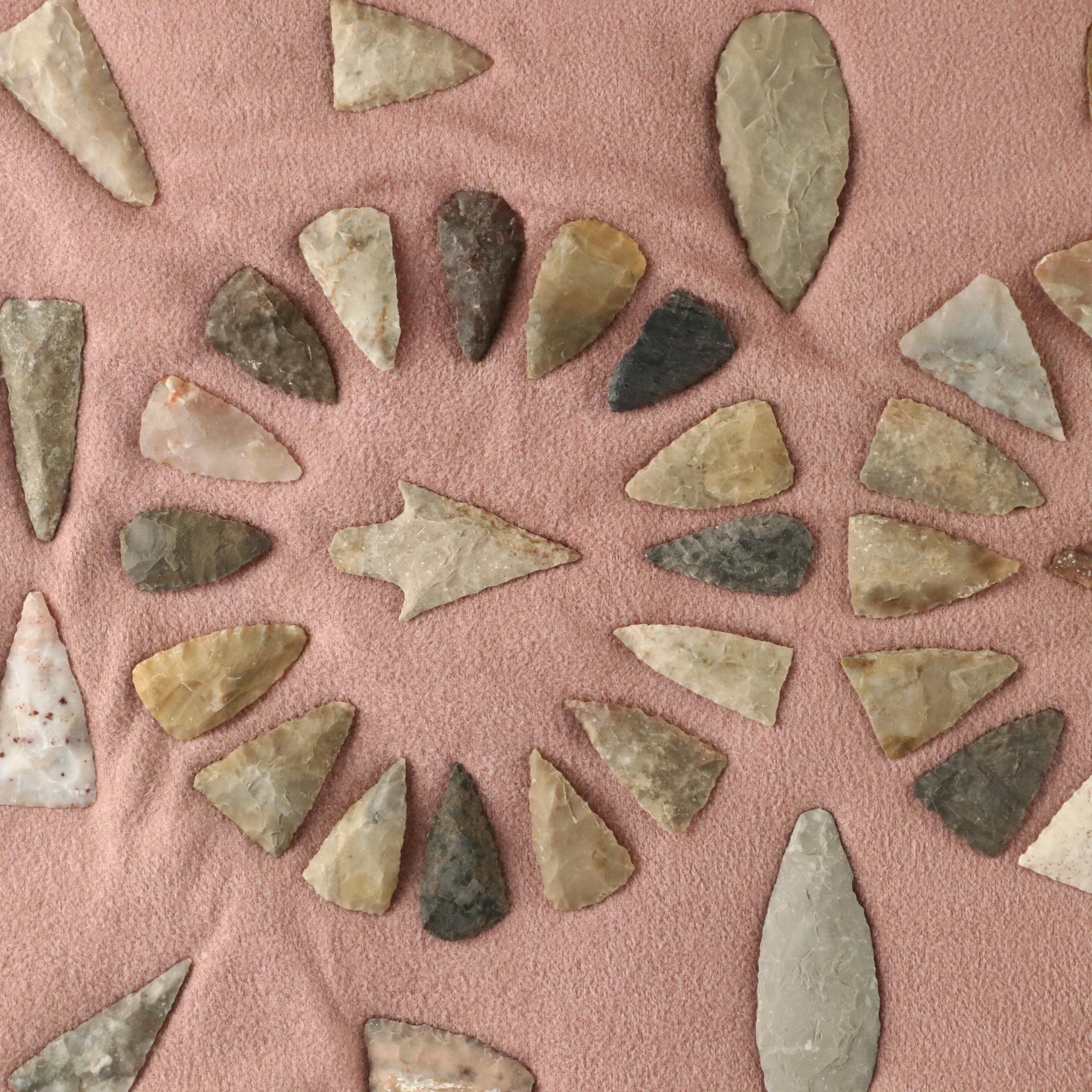 Indigenous Knapped Flint and Other Stone Arrowheads, Archaic to Woodland Period