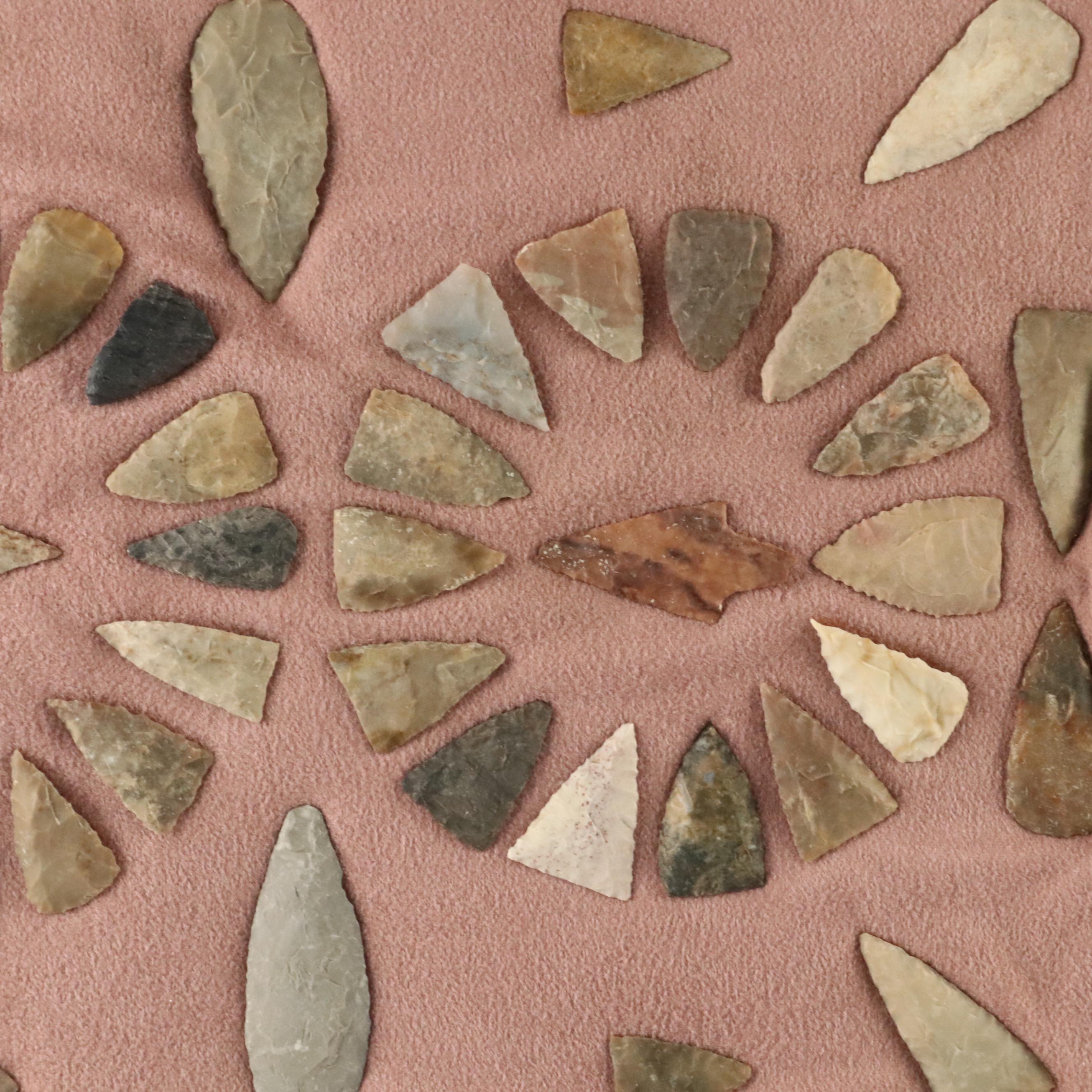 Indigenous Knapped Flint and Other Stone Arrowheads, Archaic to Woodland Period