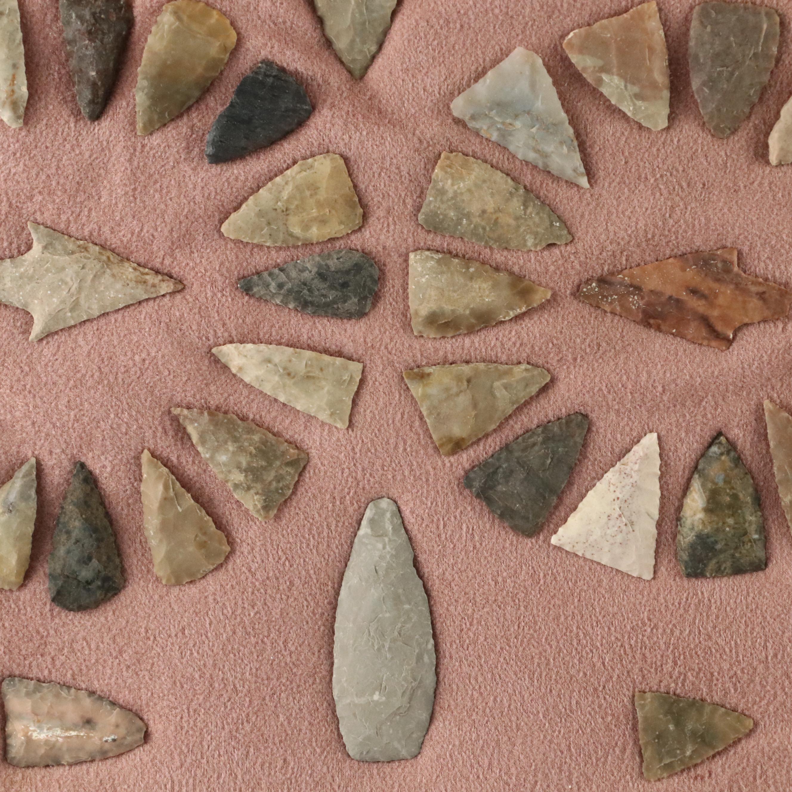 Indigenous Knapped Flint and Other Stone Arrowheads, Archaic to Woodland Period