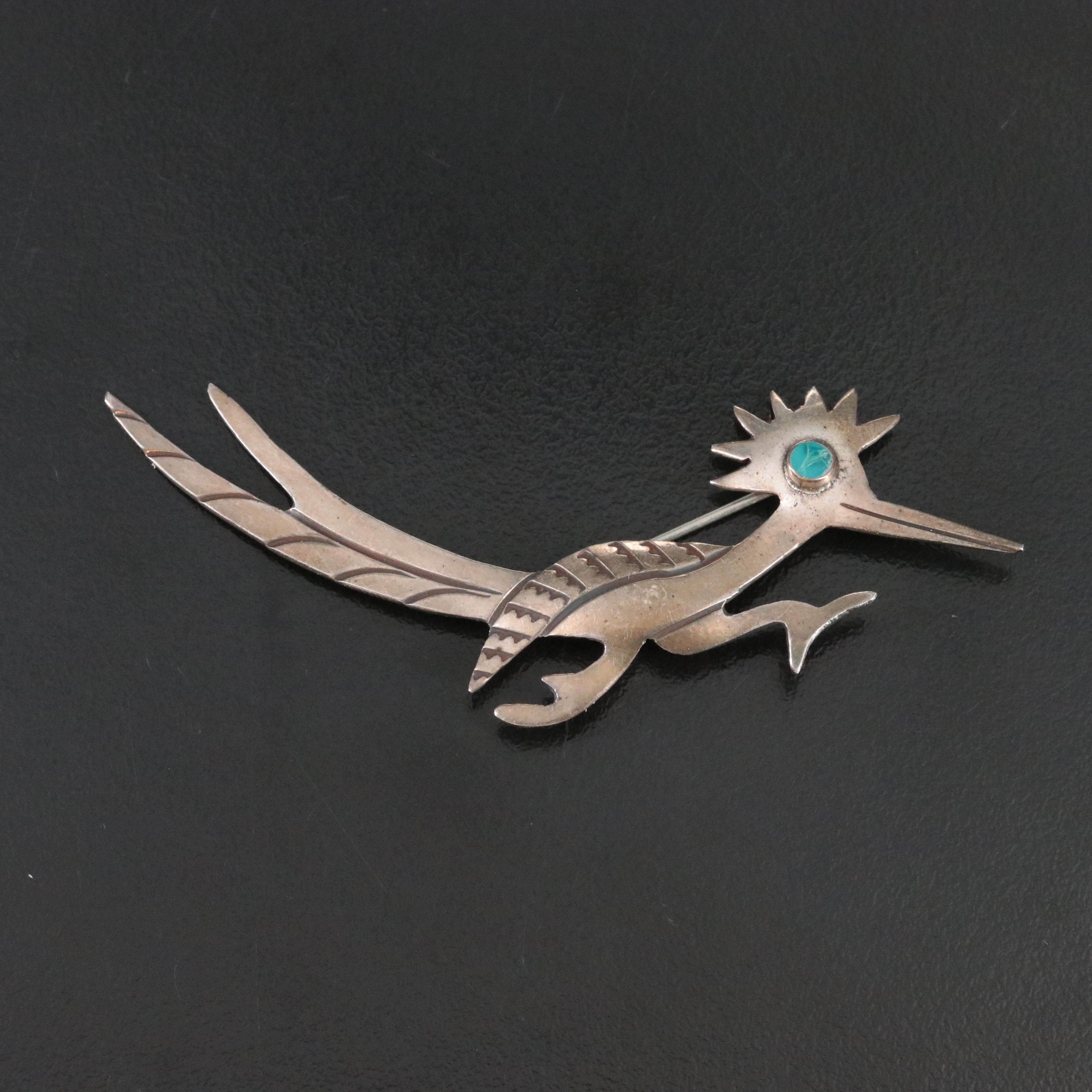 Sterling Turquoise Road Runner Brooch