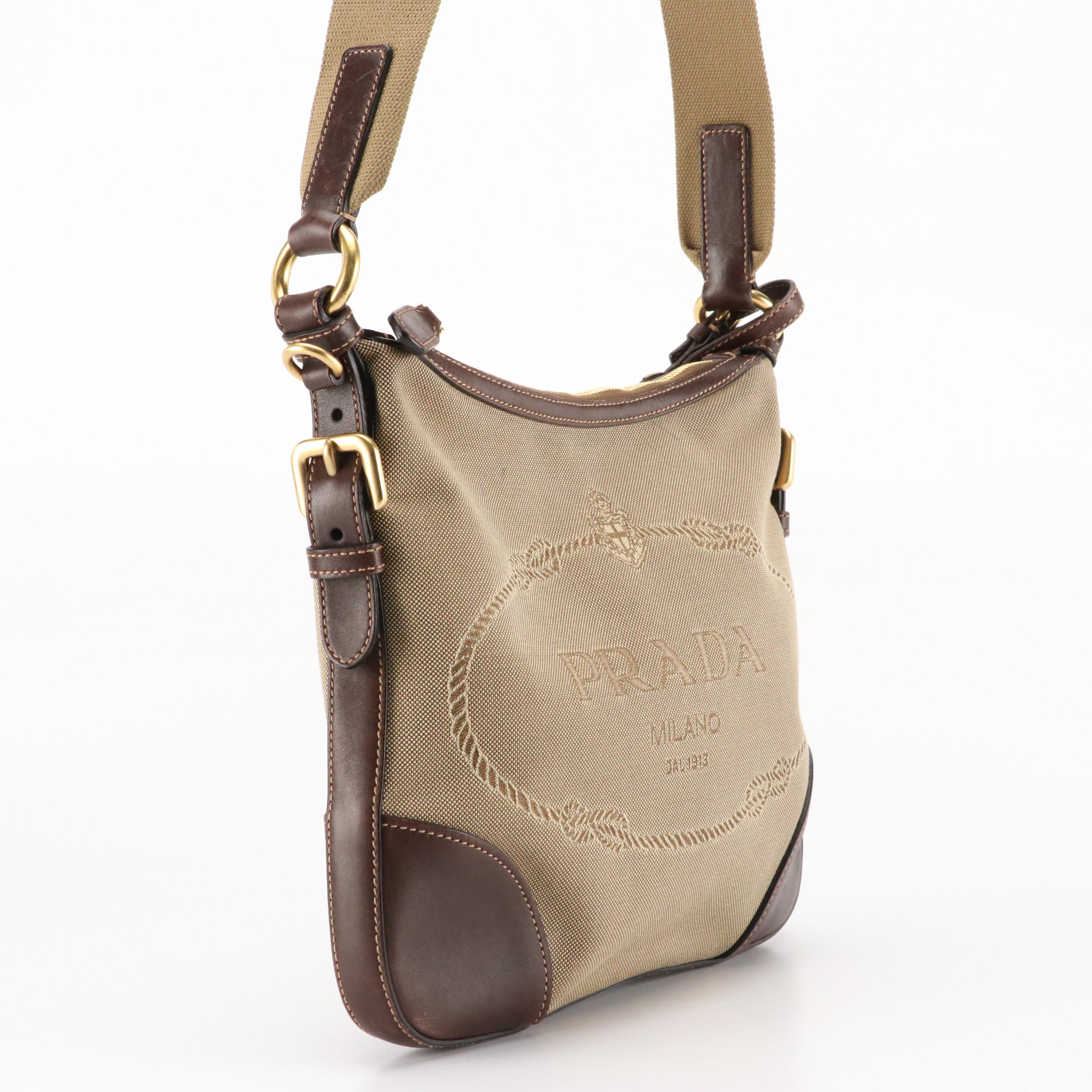 Prada Shoulder Bag BT0534 in Logo Jacquard Canvas with Leather Trim