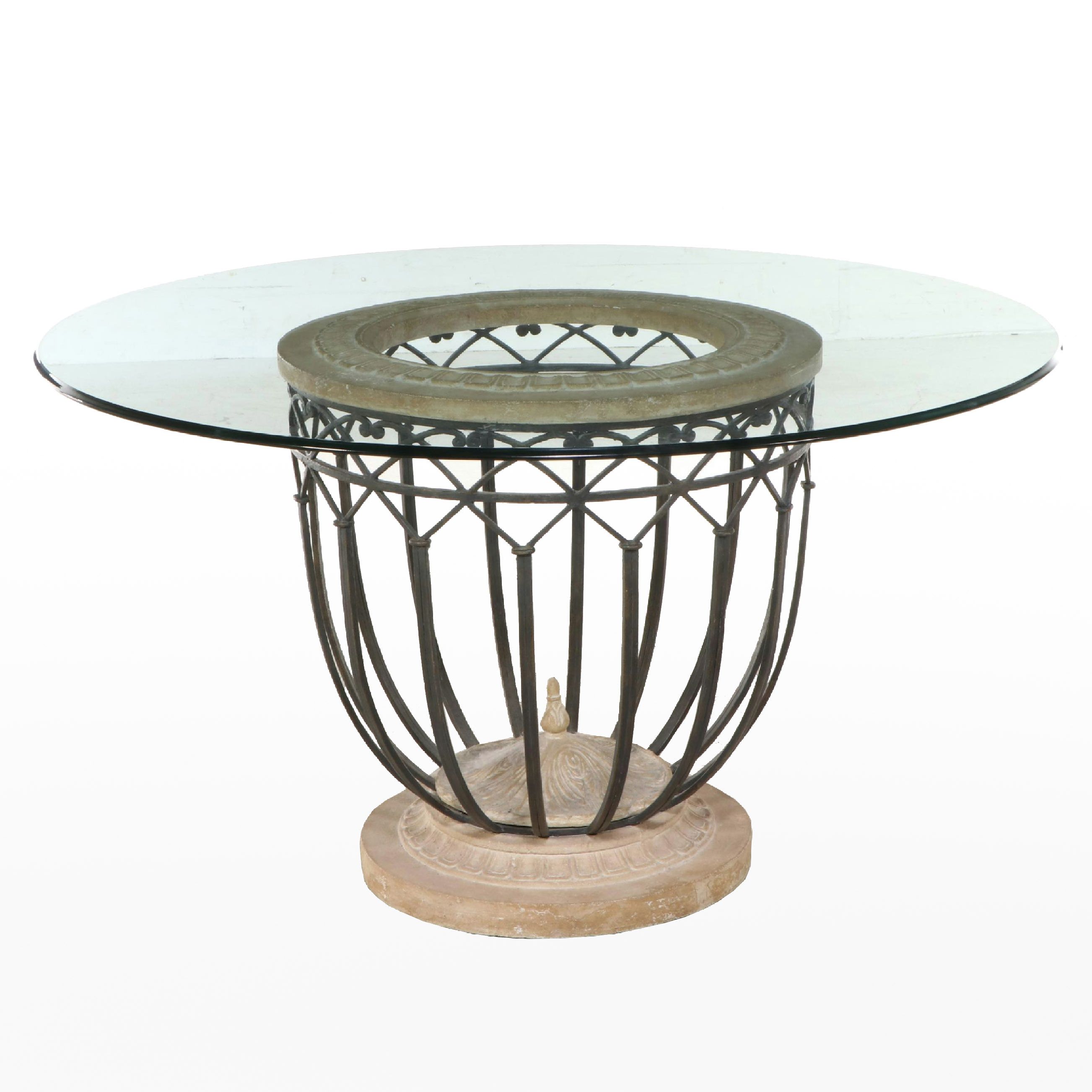 Neoclassical Style Wrought Iron and Plaster Dining Table with Glass Top