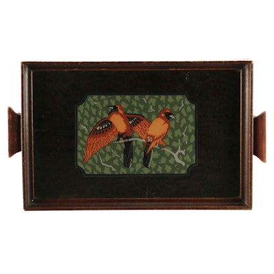 Art Deco Style Wooden Tray, with Painted Bird Inset, Early to Mid-20th Century Art Deco Style Wooden Tray, with Painted Bird Inset, Early to Mid-20th Century