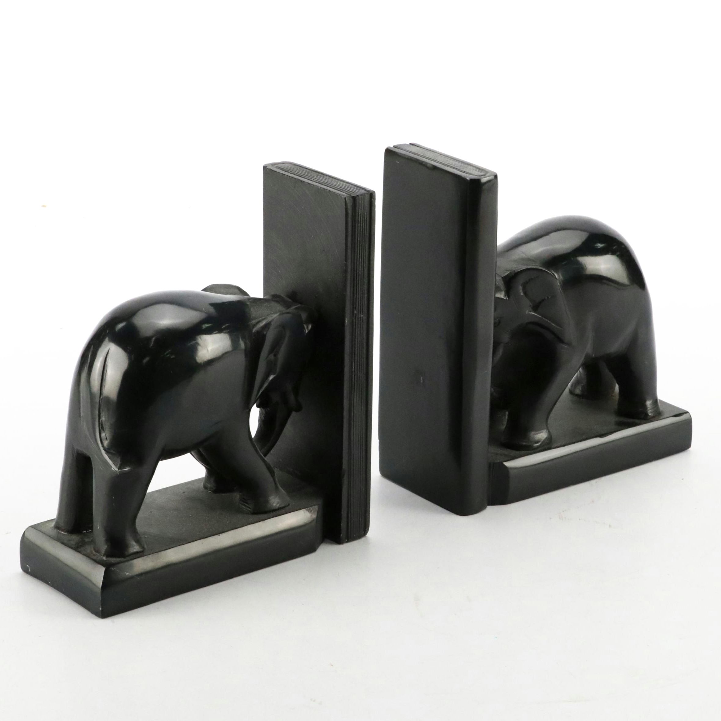 Carved and Polished Black Stone Elephant Bookends