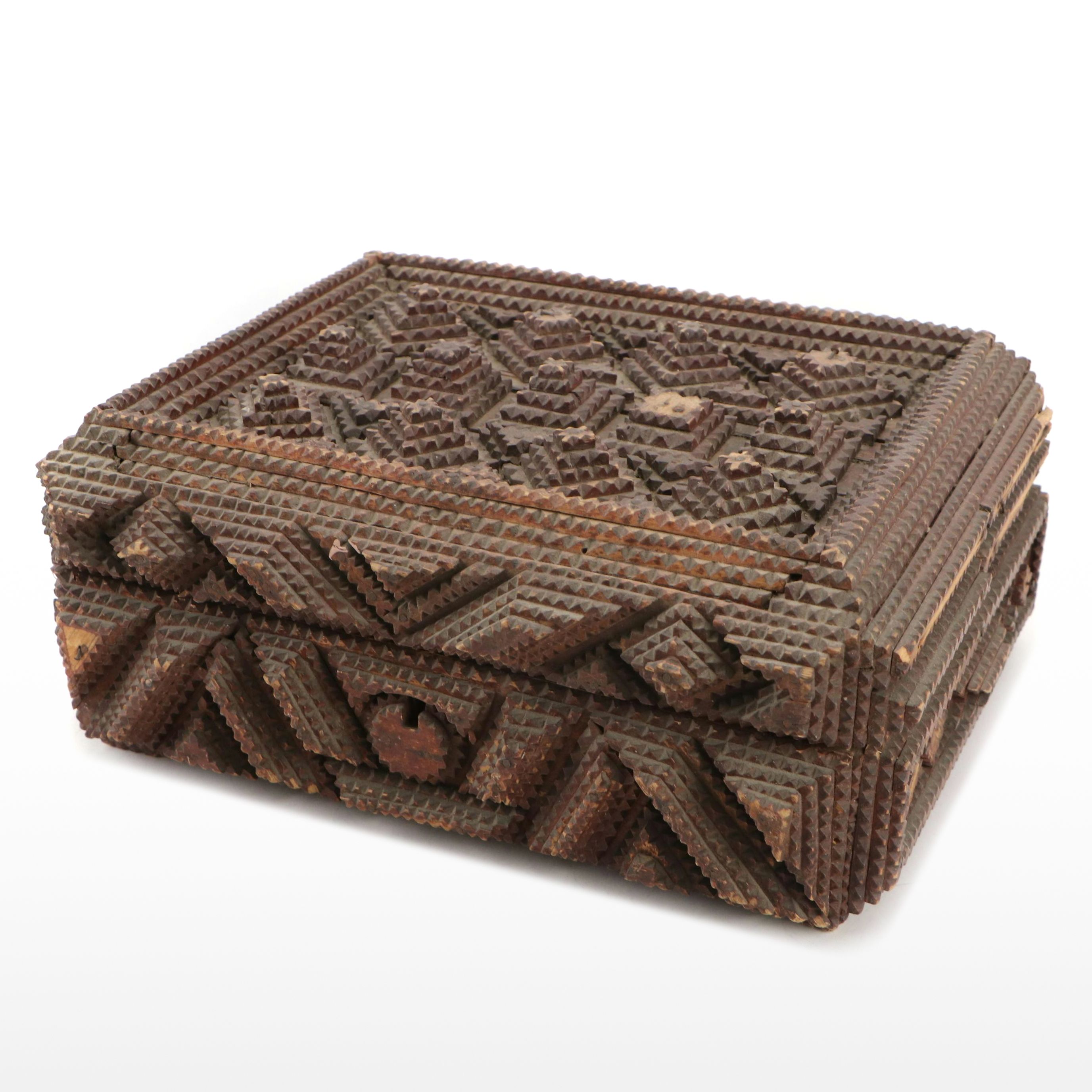 Chip-Carved Tramp Art Velvet Lined Jewelry Box, Early 20th Century