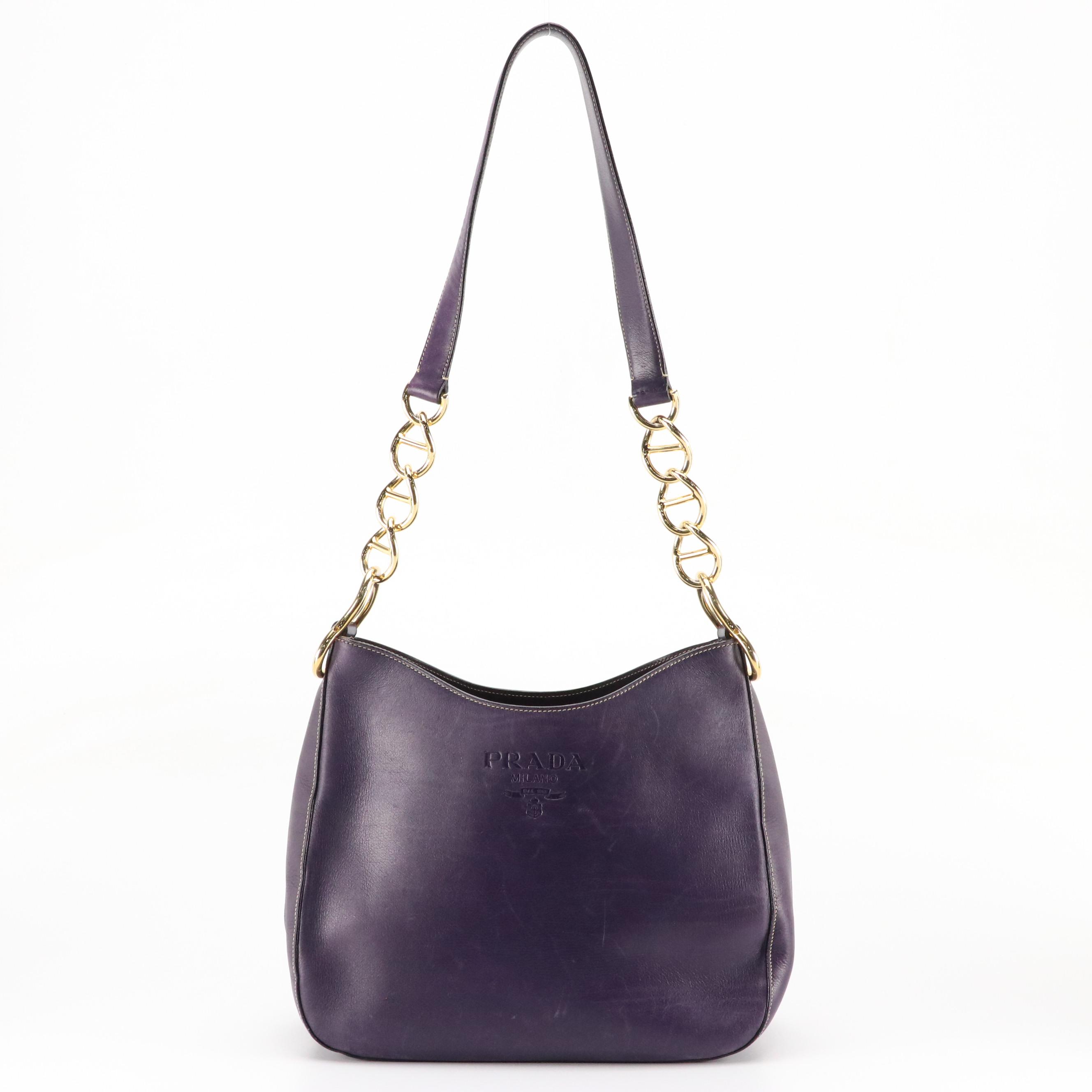 Prada Purple Leather Shoulder Bag with Chain-Link and Leather Strap