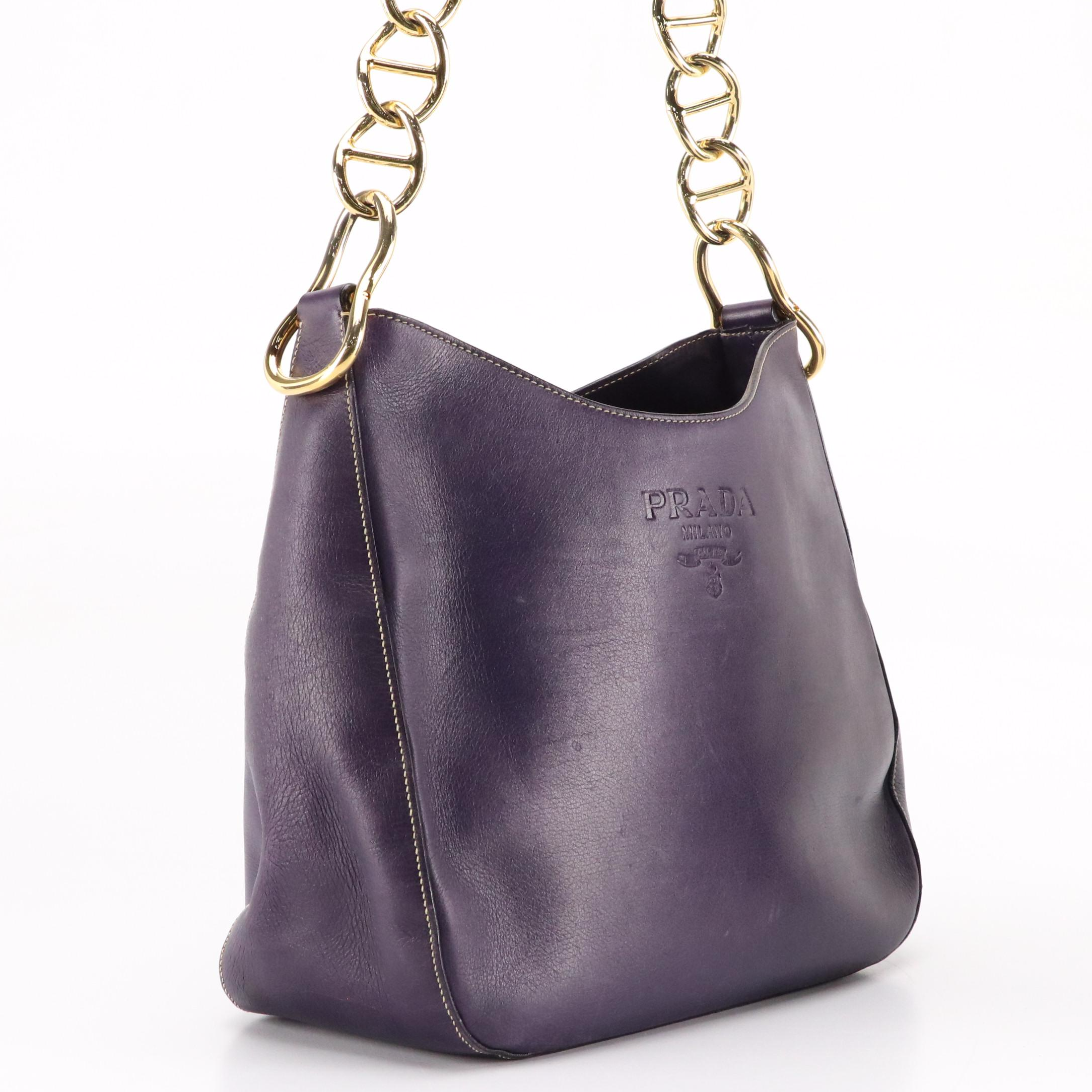 Prada Purple Leather Shoulder Bag with Chain-Link and Leather Strap
