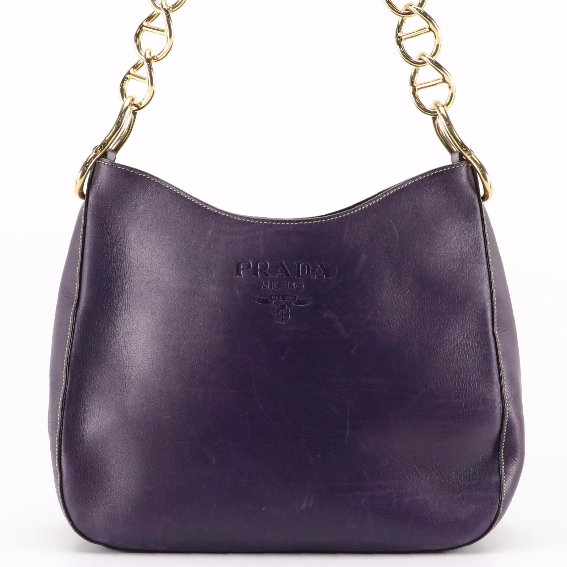 Prada Purple Leather Shoulder Bag with Chain-Link and Leather Strap