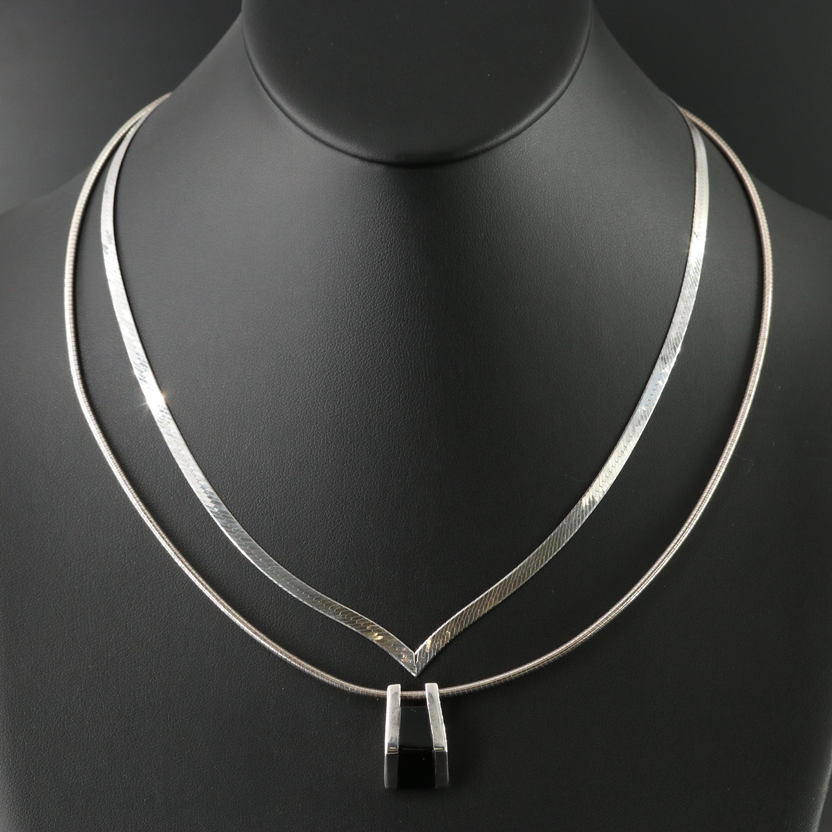 Sterling Omega Chain Pendant Necklace and Herringbone Chevron Necklace