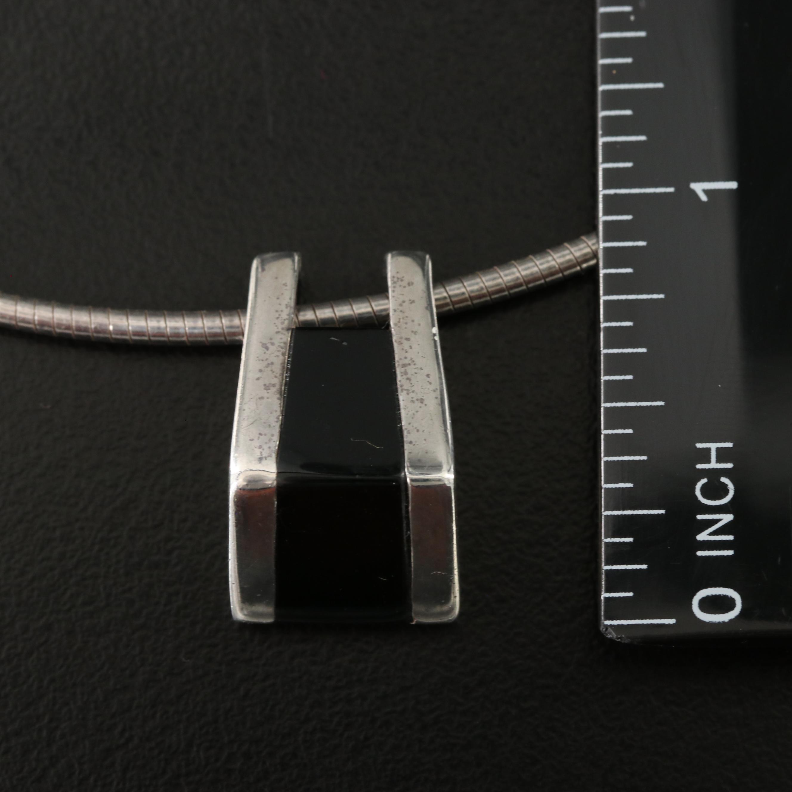 Sterling Omega Chain Pendant Necklace and Herringbone Chevron Necklace