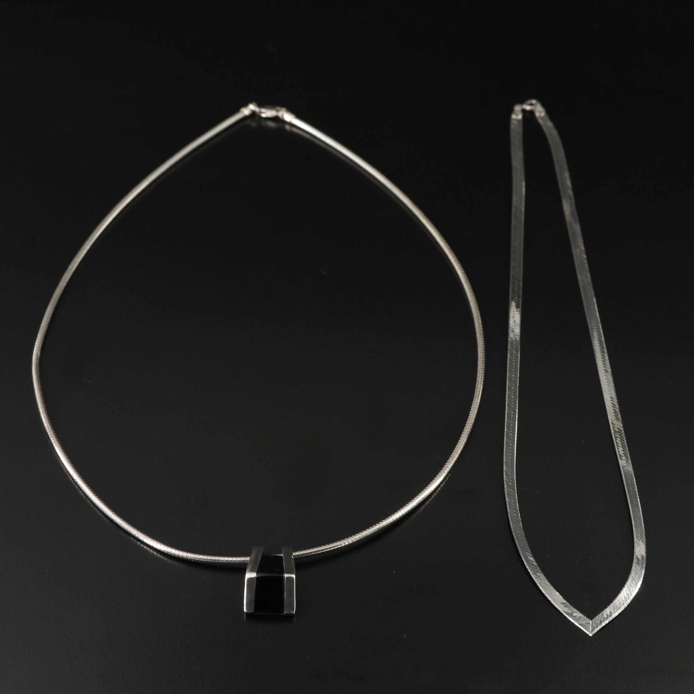 Sterling Omega Chain Pendant Necklace and Herringbone Chevron Necklace