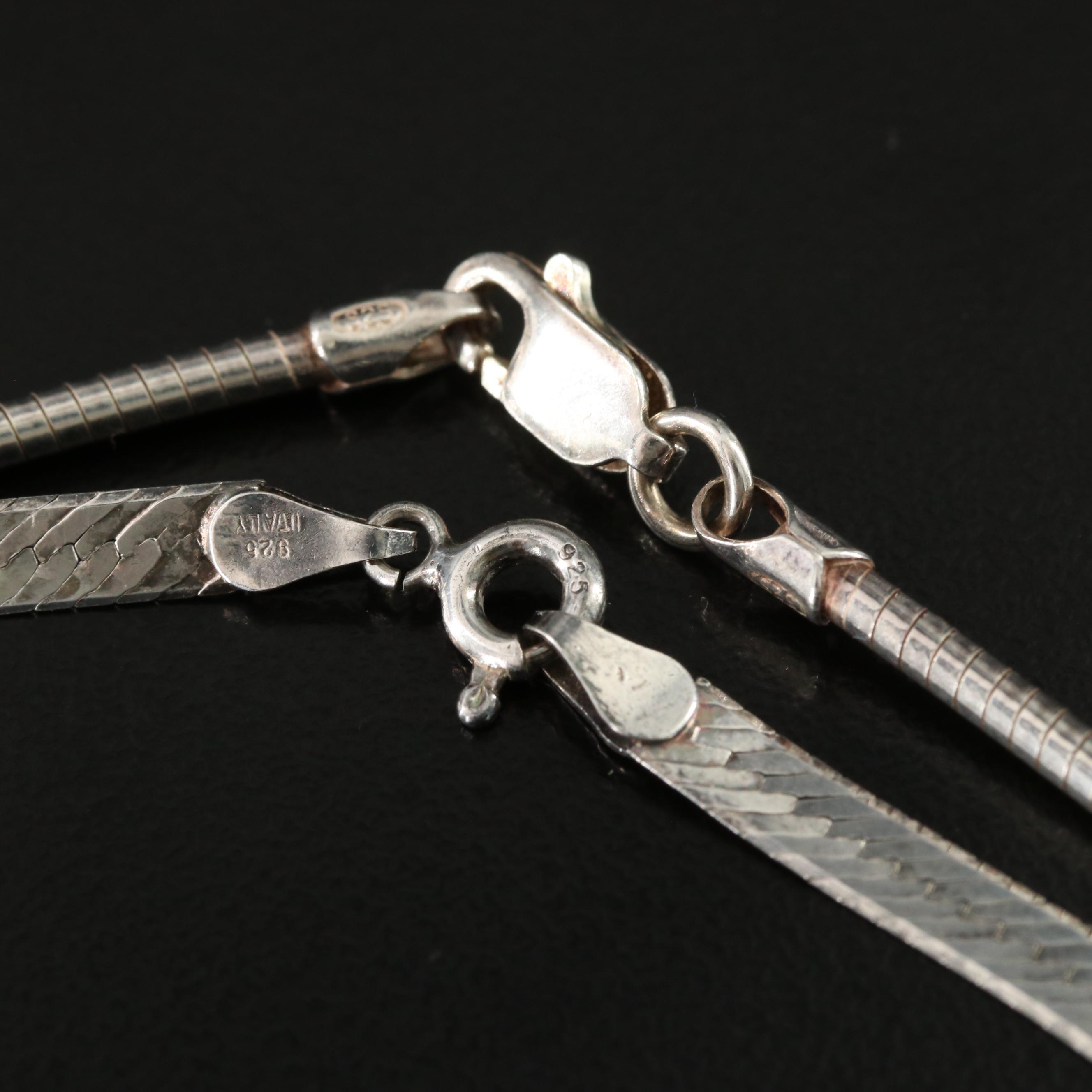 Sterling Omega Chain Pendant Necklace and Herringbone Chevron Necklace