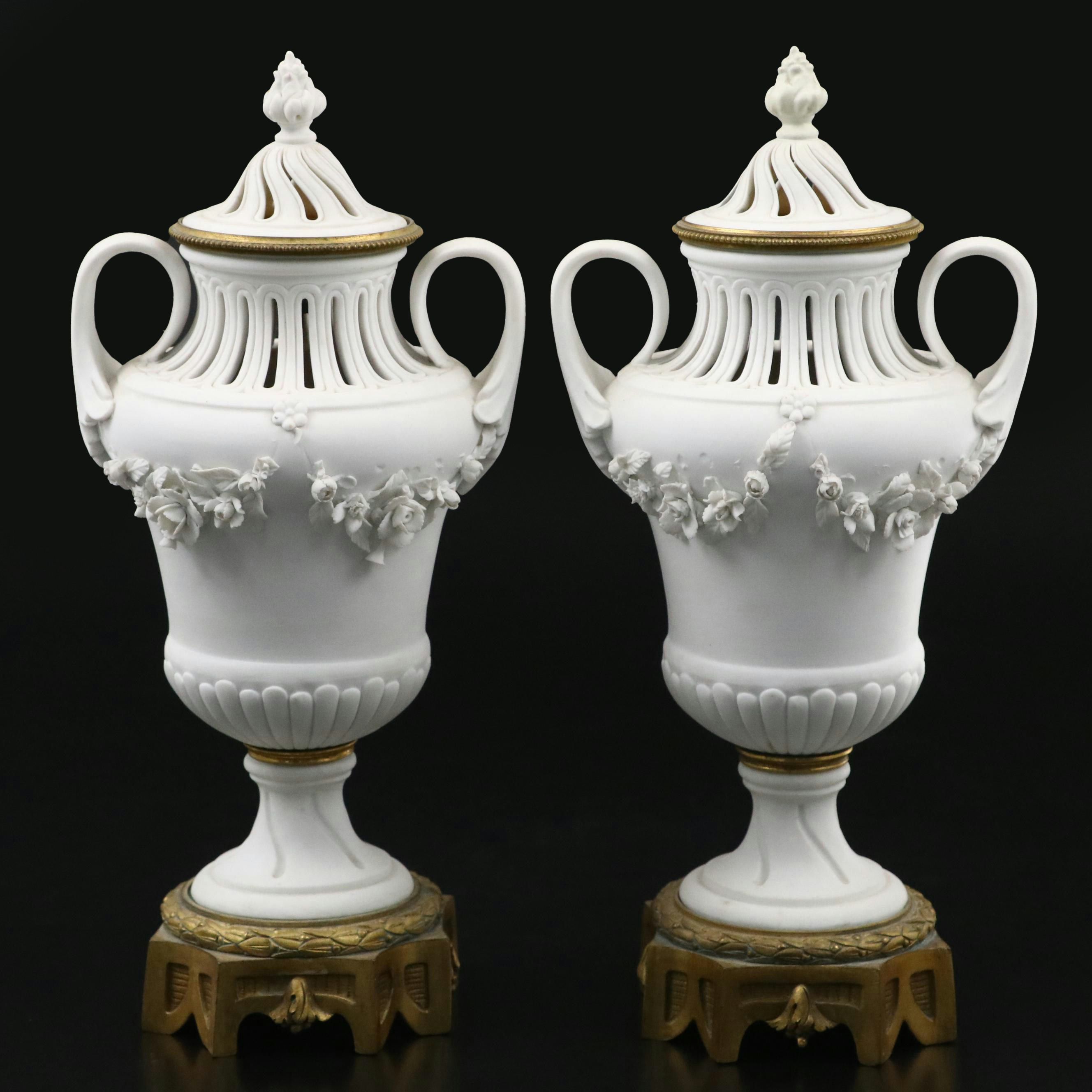 Pair of French Style Ormolu Mounted Bisque Covered Vases with Applied Rose Swags