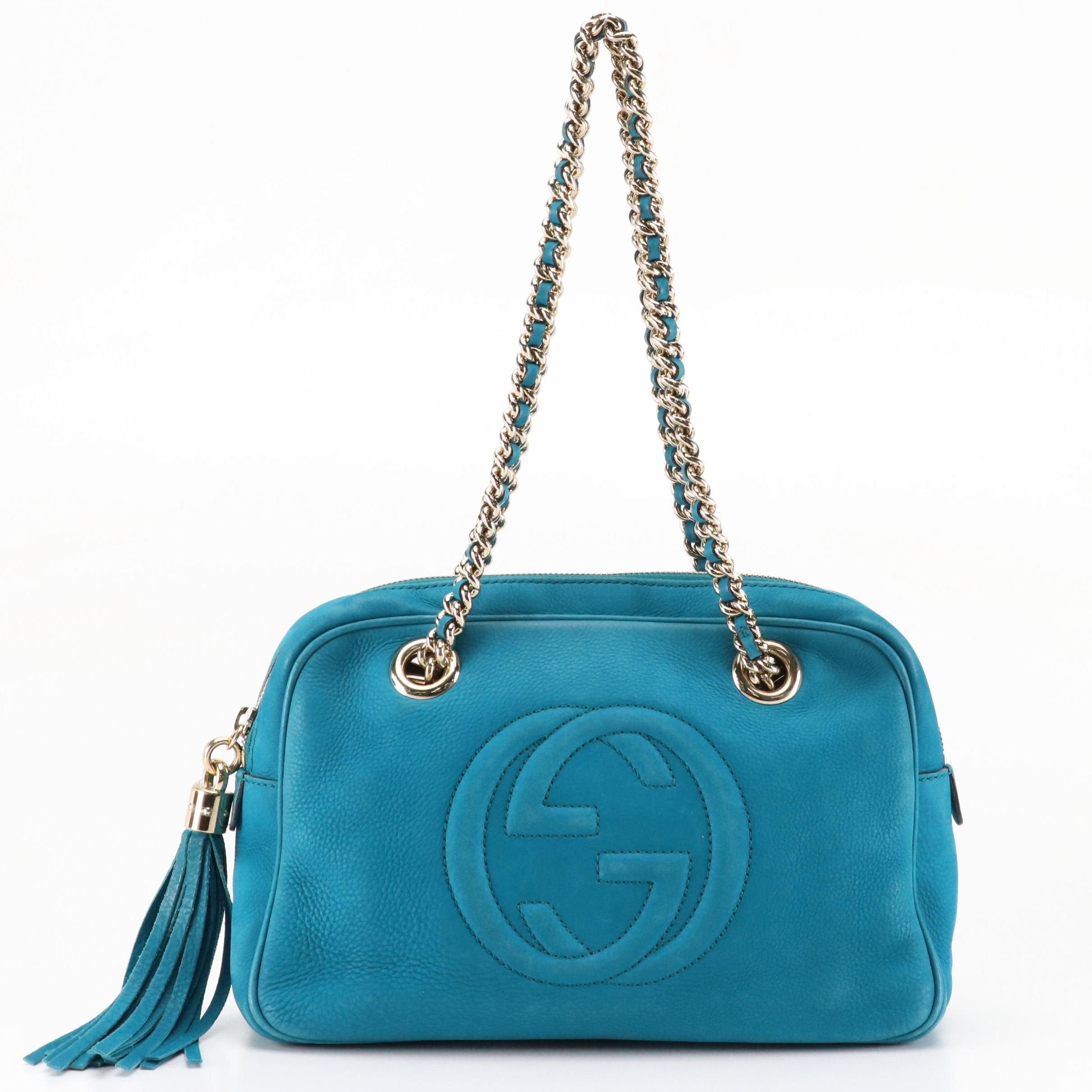 Gucci Soho Chain Strap Bag in Teal Blue Pebbled Leather with Tassel Pull