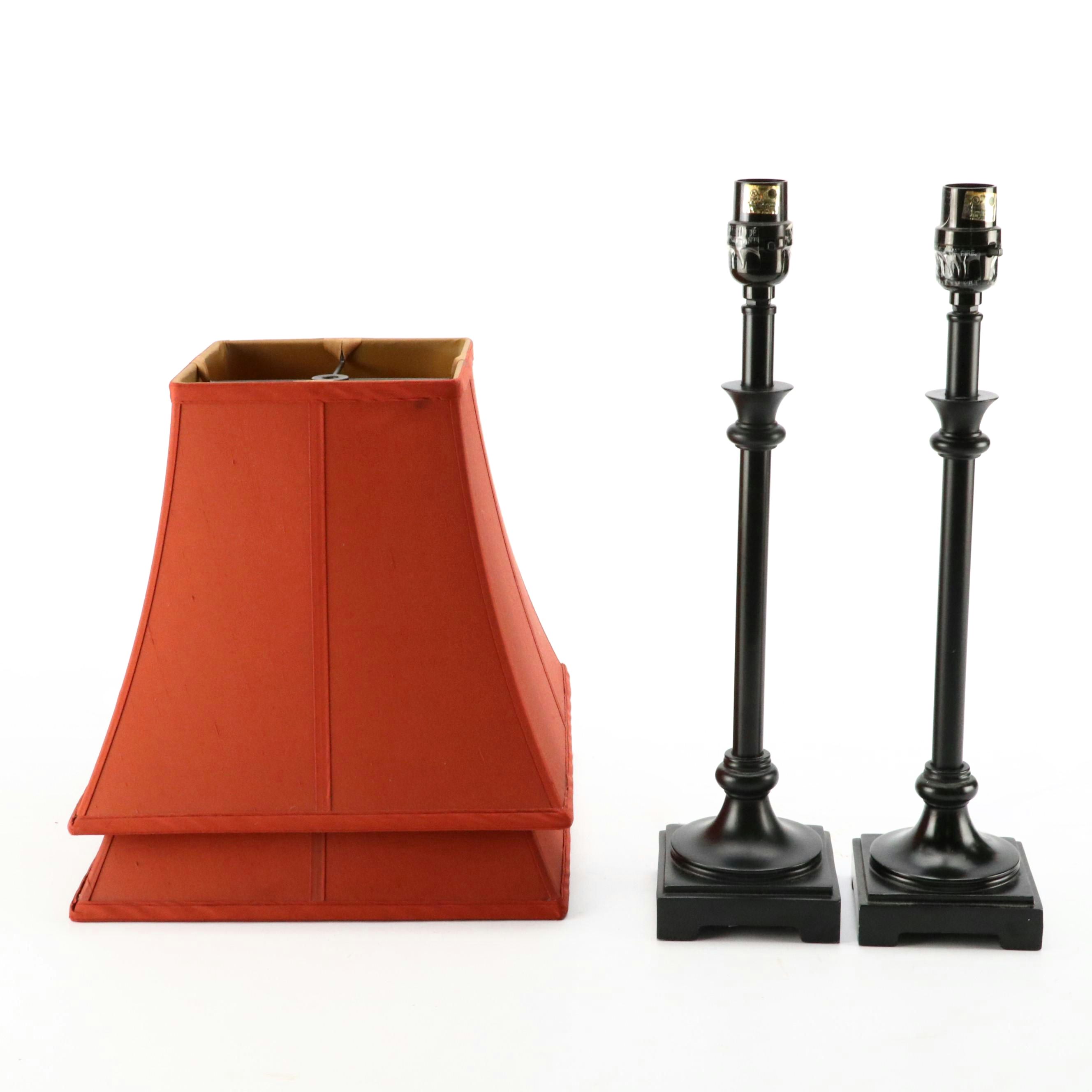 Contemporary Black Resin Candlestick Lamps with Rust Silk Square Shades