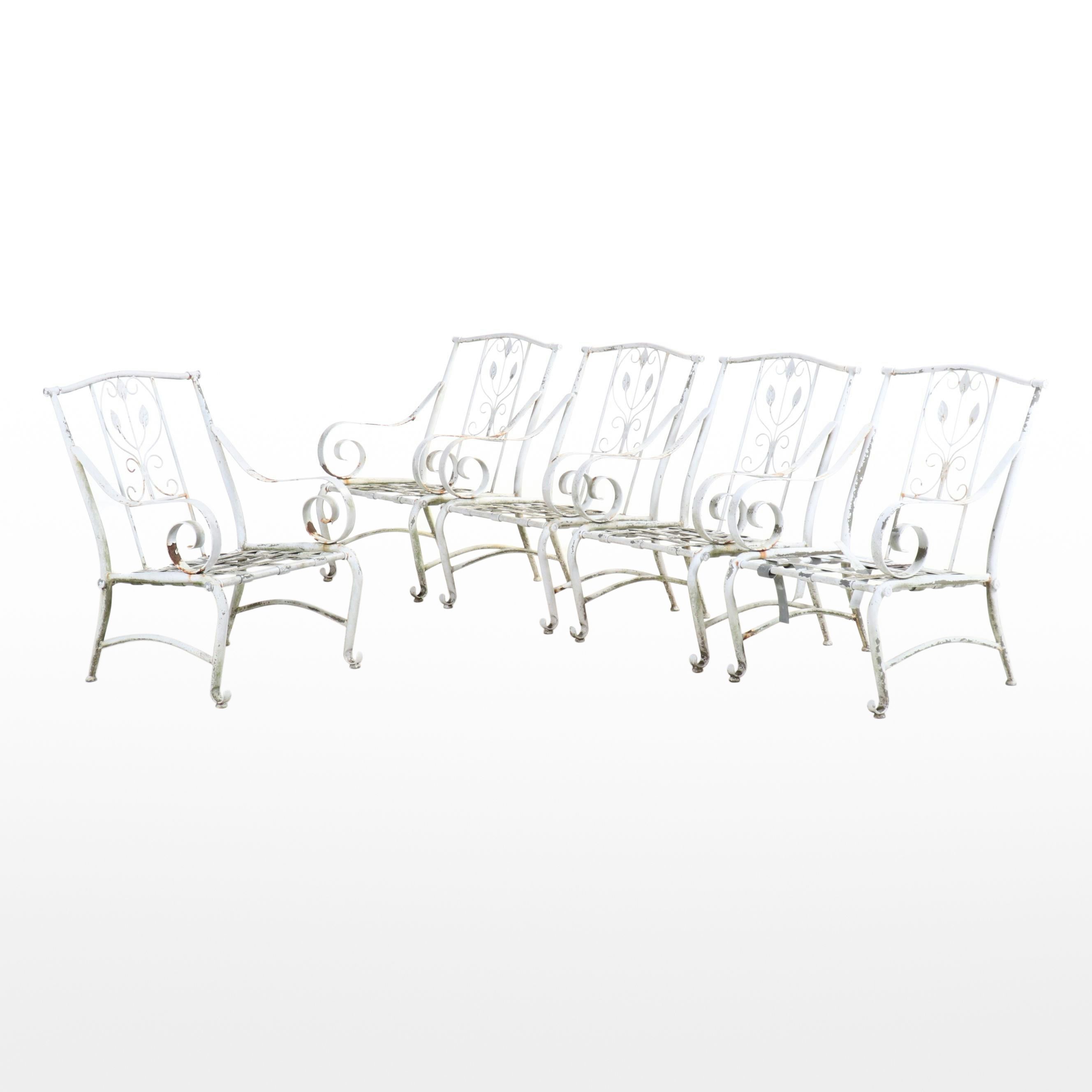 Set of Five White-Painted Aluminum and Steel Patio Armchairs