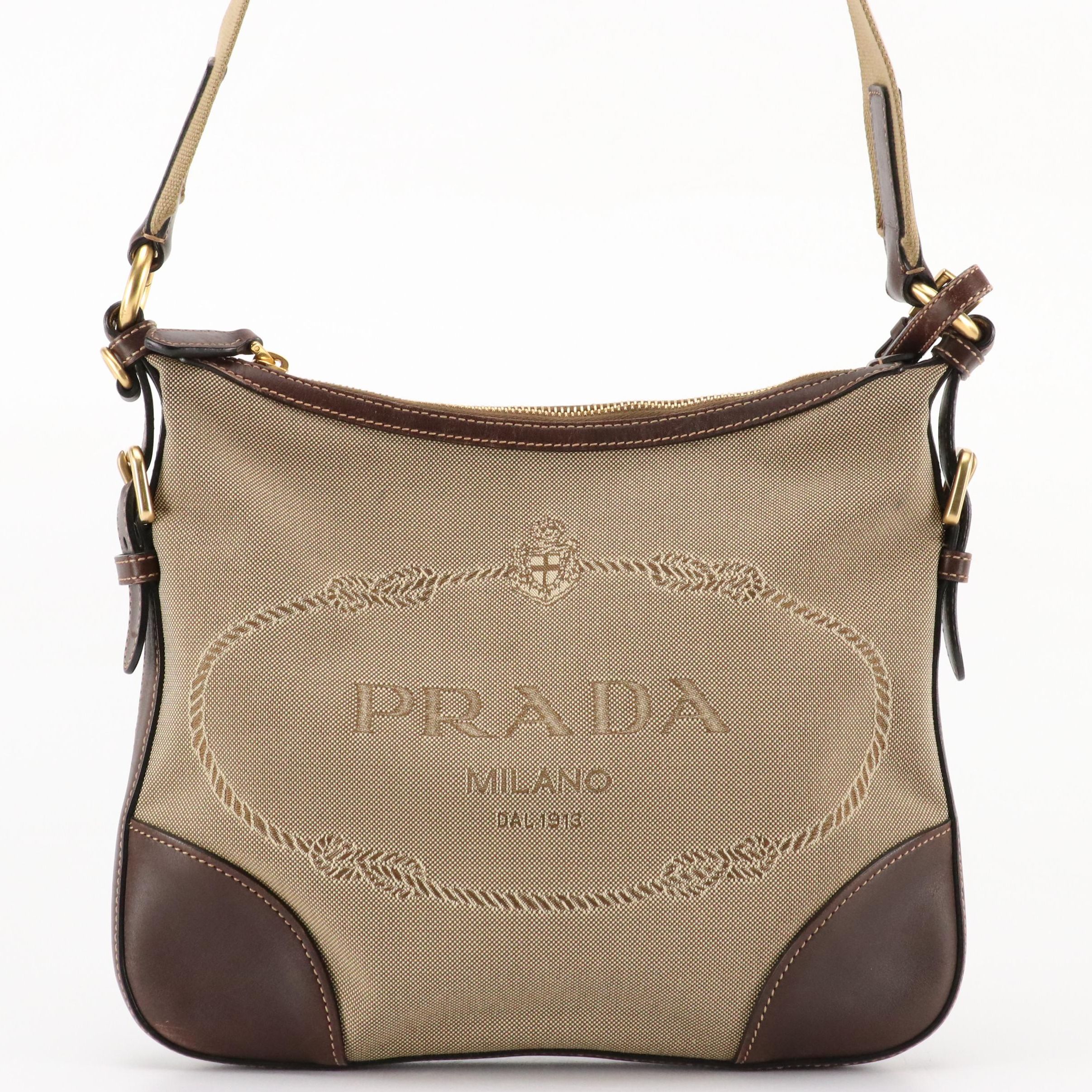 Prada Shoulder Bag BT0534 in Logo Jacquard Canvas with Leather Trim