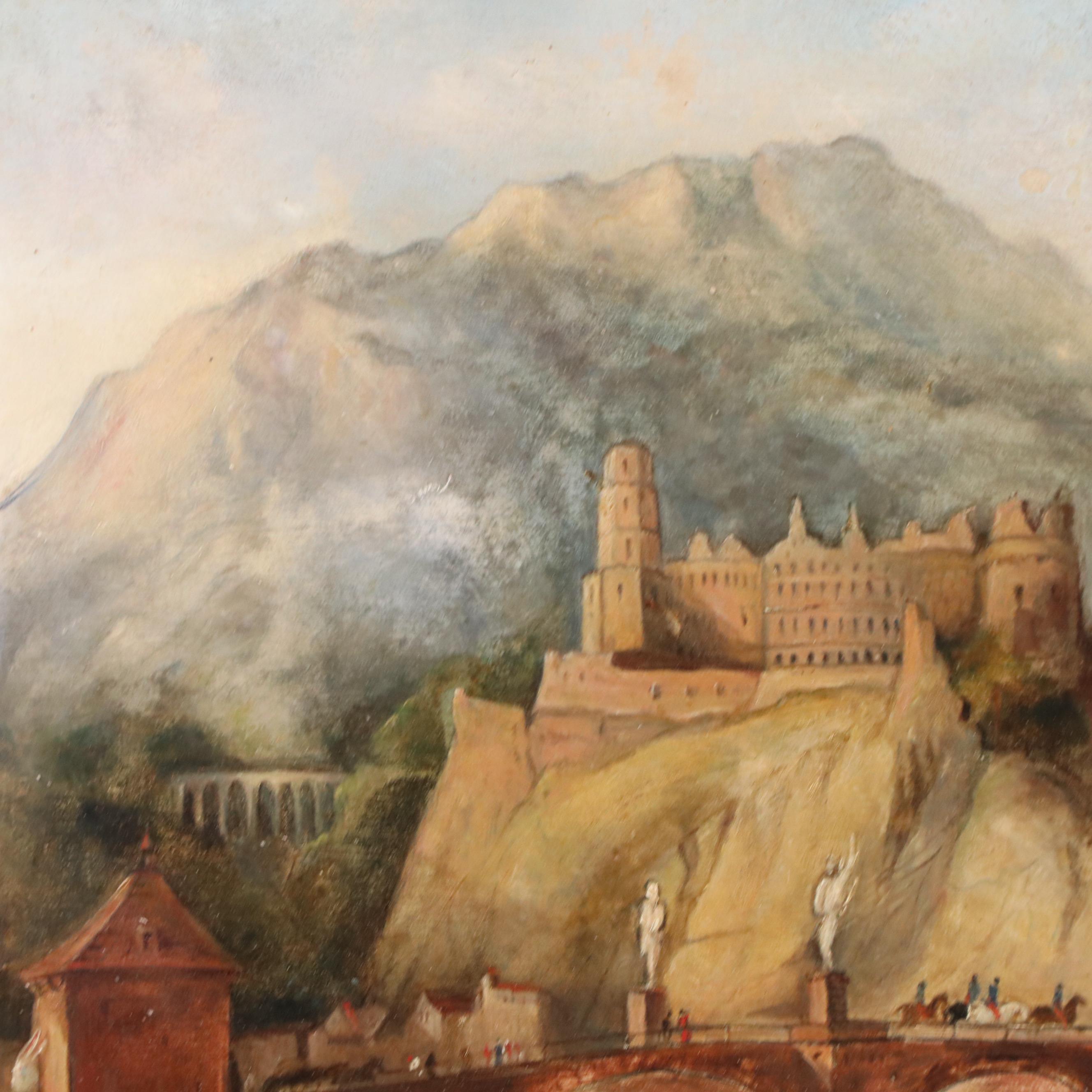 Landscape Oil Painting of Heidelberg, Germany, with Figures, 19th Century