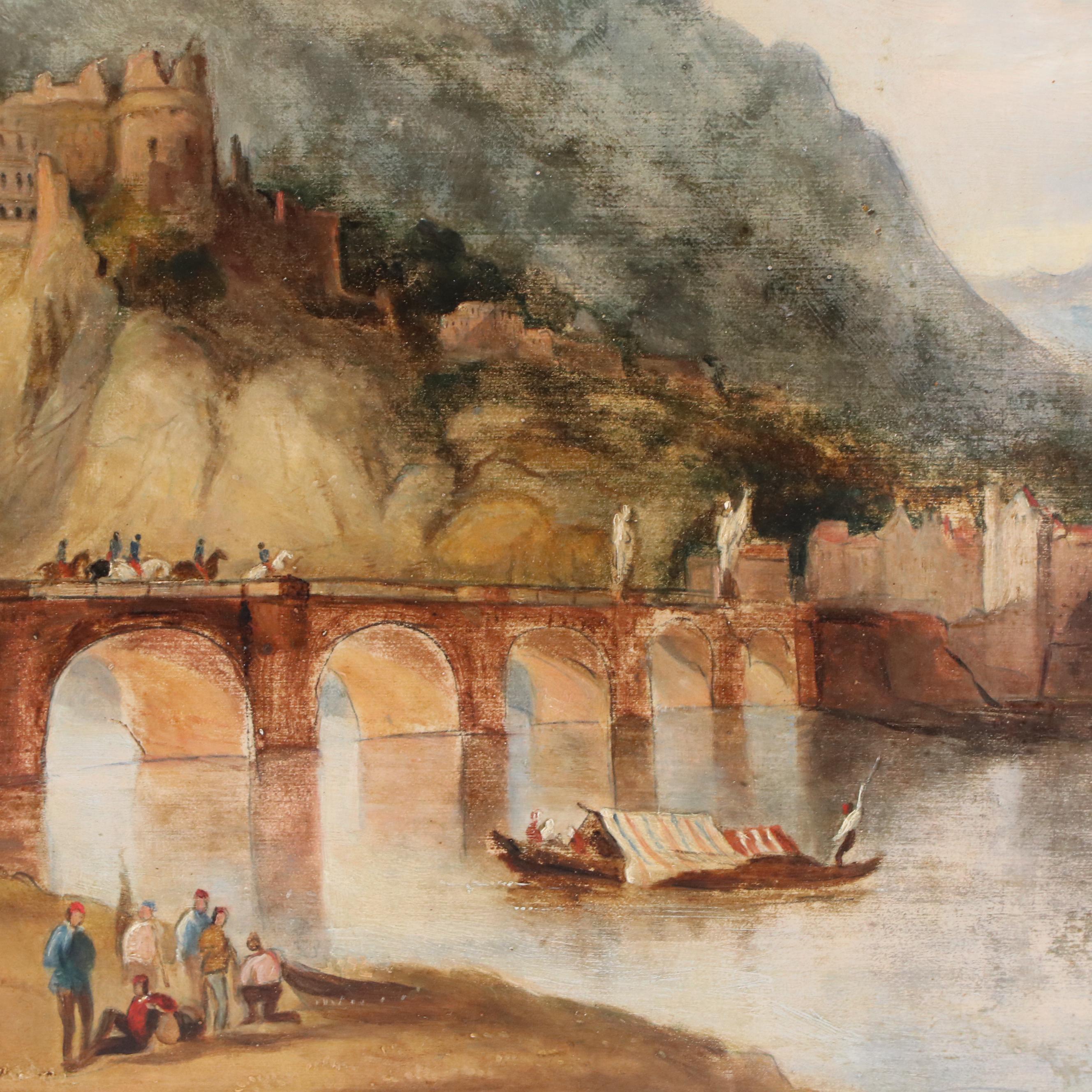 Landscape Oil Painting of Heidelberg, Germany, with Figures, 19th Century