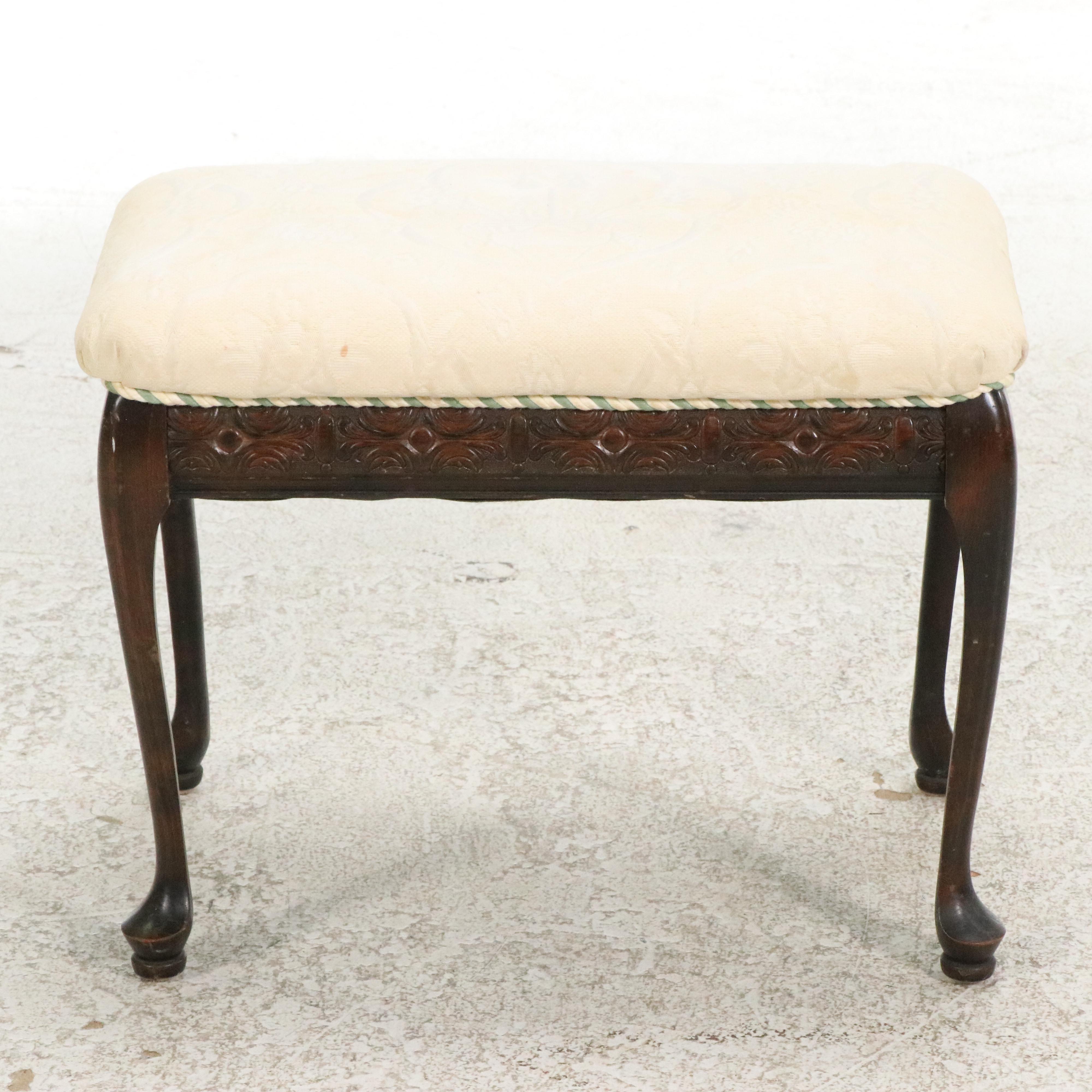 Queen Anne Style Upholstered Wood Bench, 20th Century