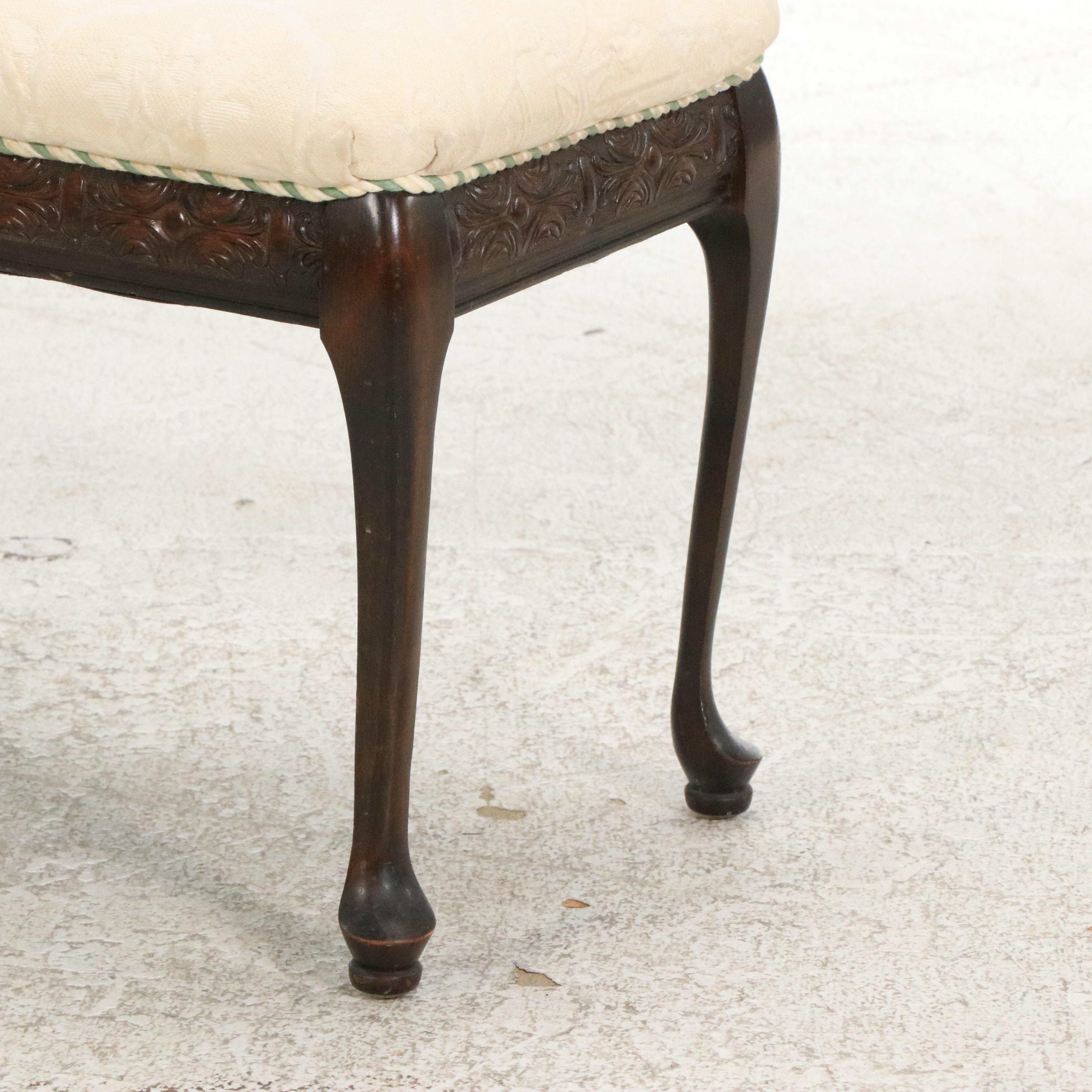 Queen Anne Style Upholstered Wood Bench, 20th Century