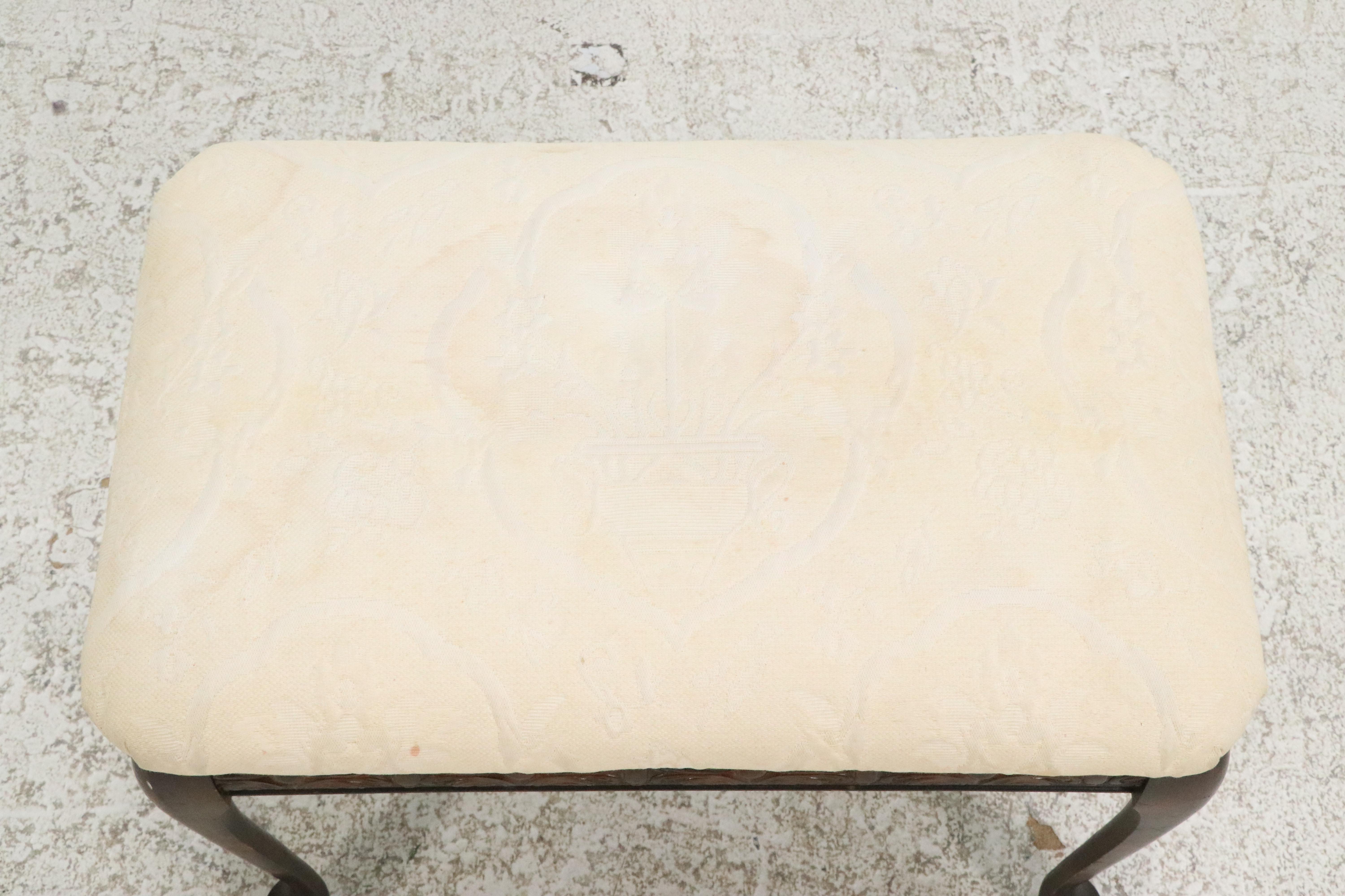 Queen Anne Style Upholstered Wood Bench, 20th Century