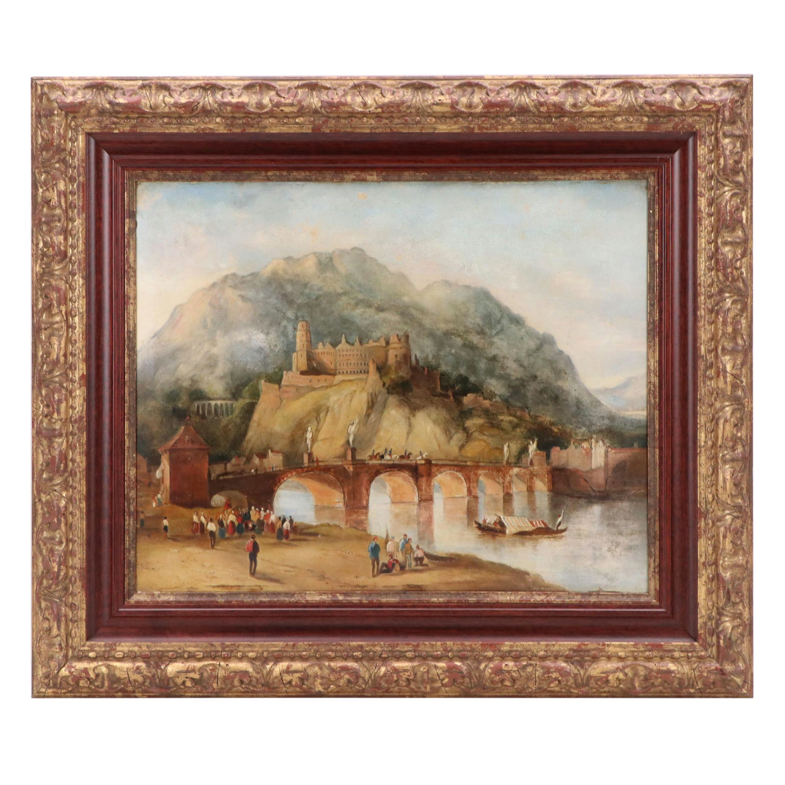 Landscape Oil Painting of Heidelberg, Germany, with Figures, 19th Century