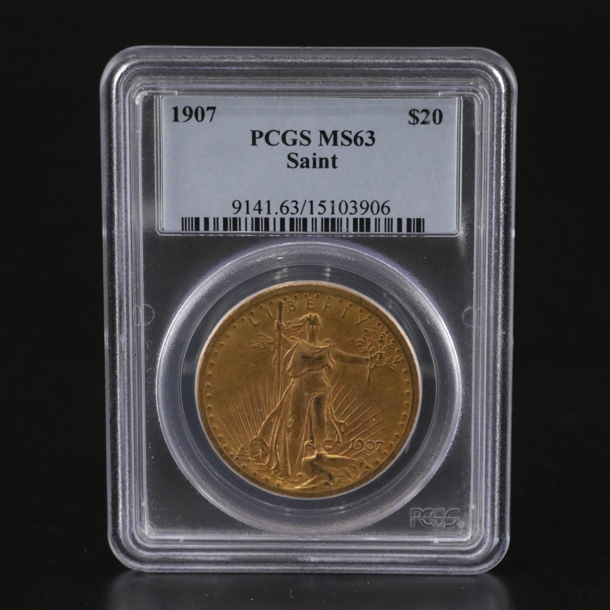 PCGS MS63 1907 St. Gaudens U.S. Twenty Dollar Gold Coin