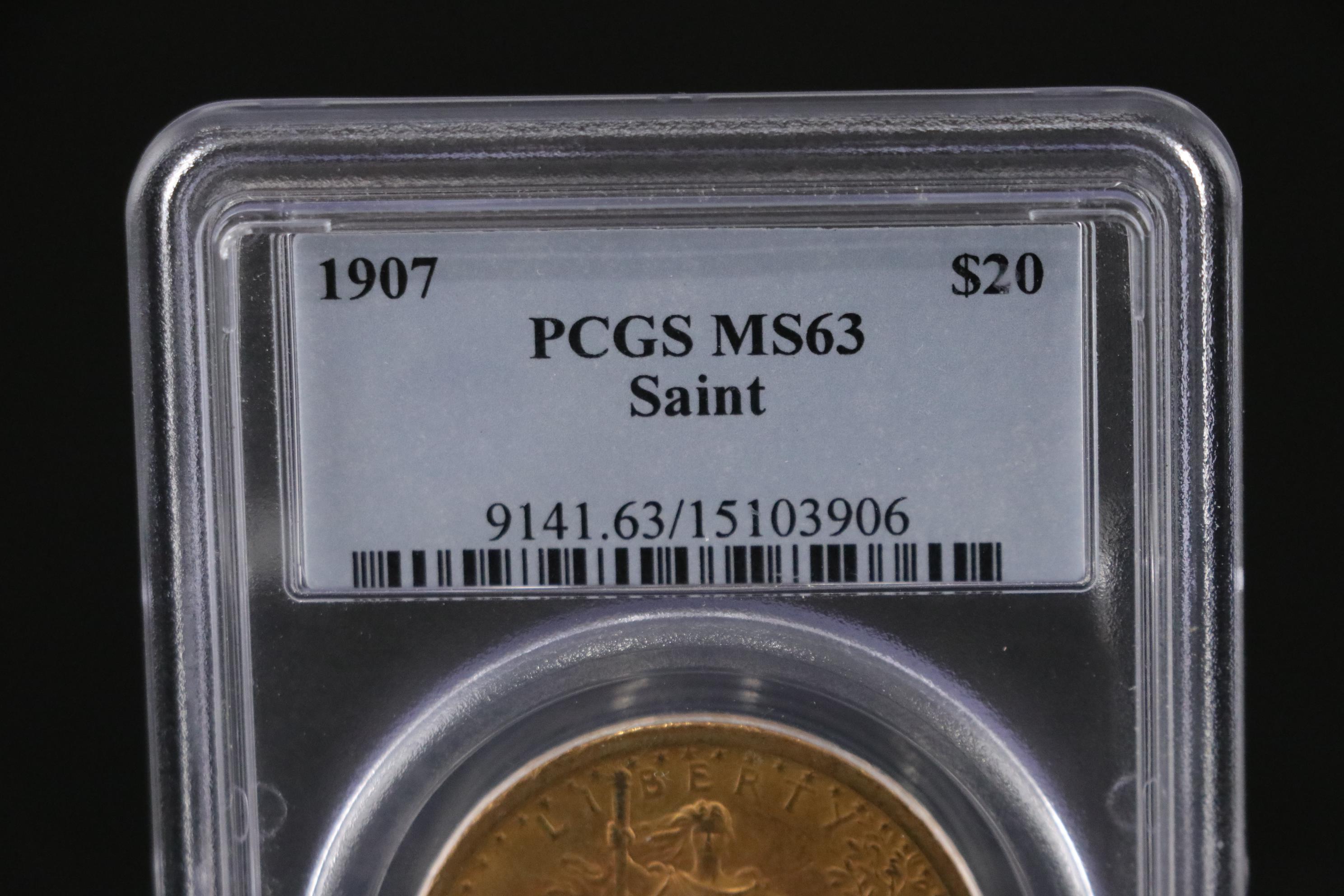 PCGS MS63 1907 St. Gaudens U.S. Twenty Dollar Gold Coin