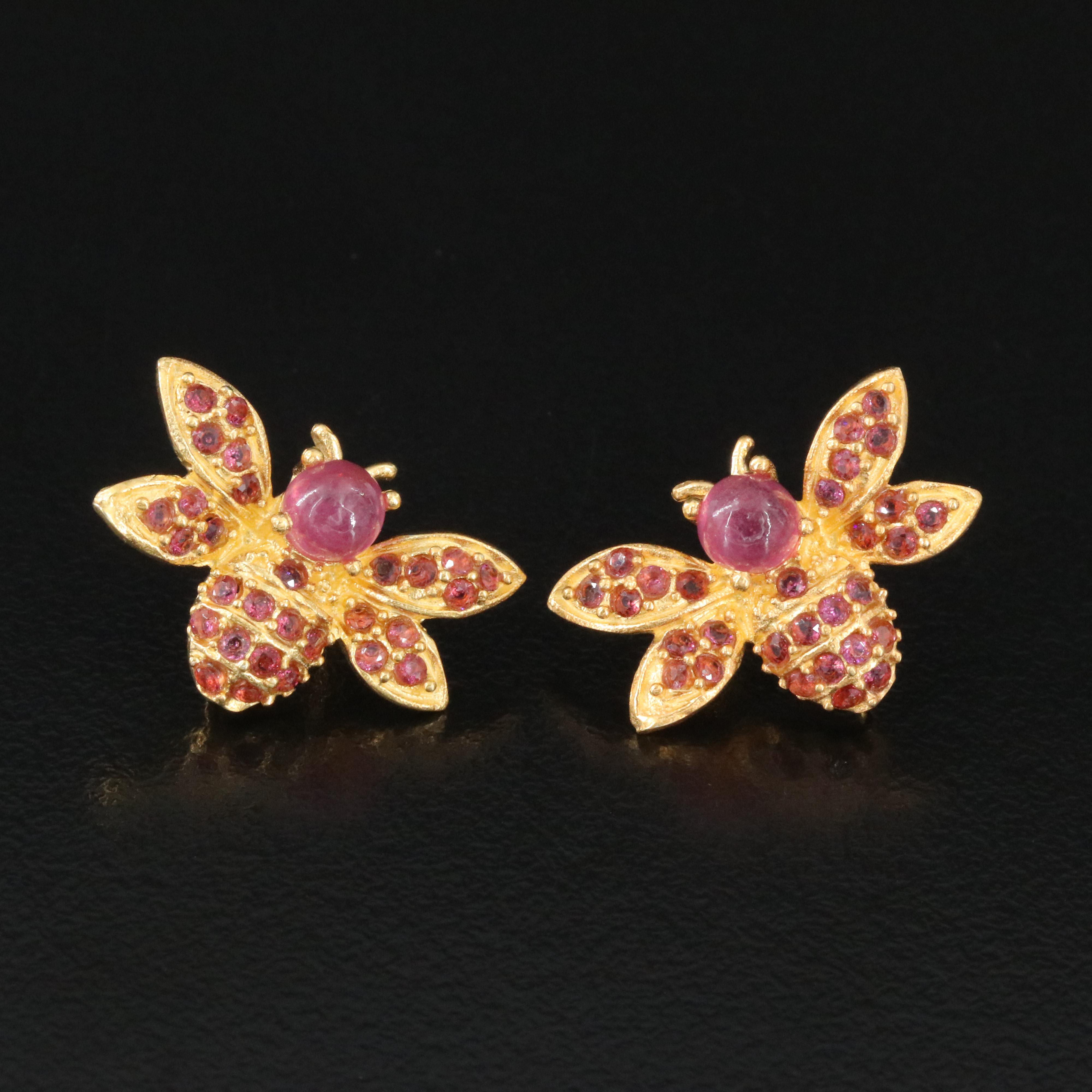 Sterling Filled Corundum and Garnet Bee Earrings