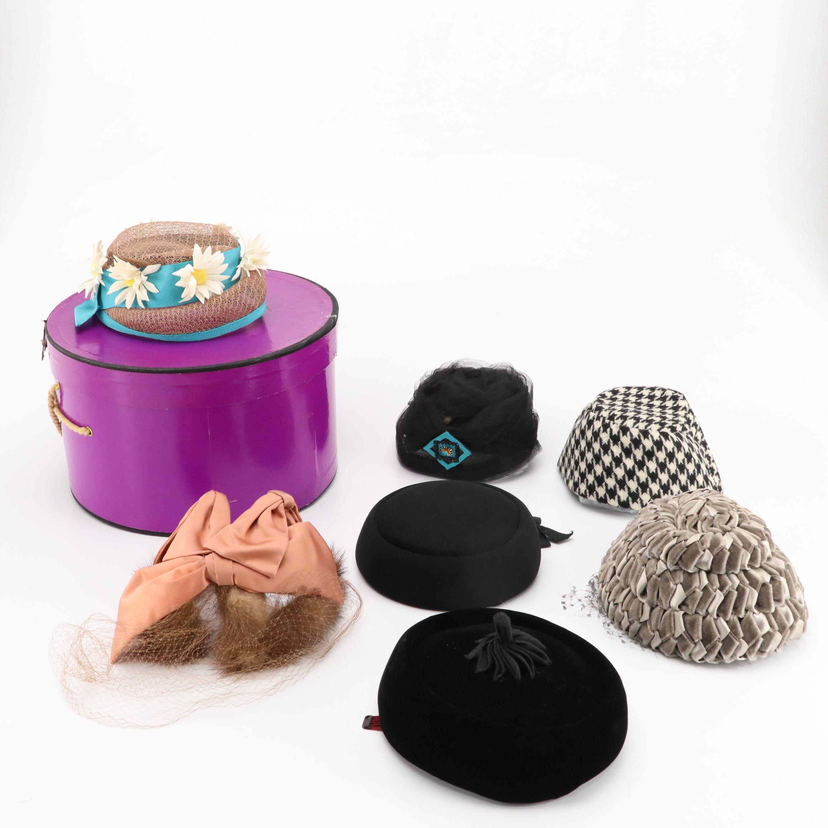 Mr. John Veiled Ribbon Cloche with Other Half-Hats and Pillbox Hats, 1950s