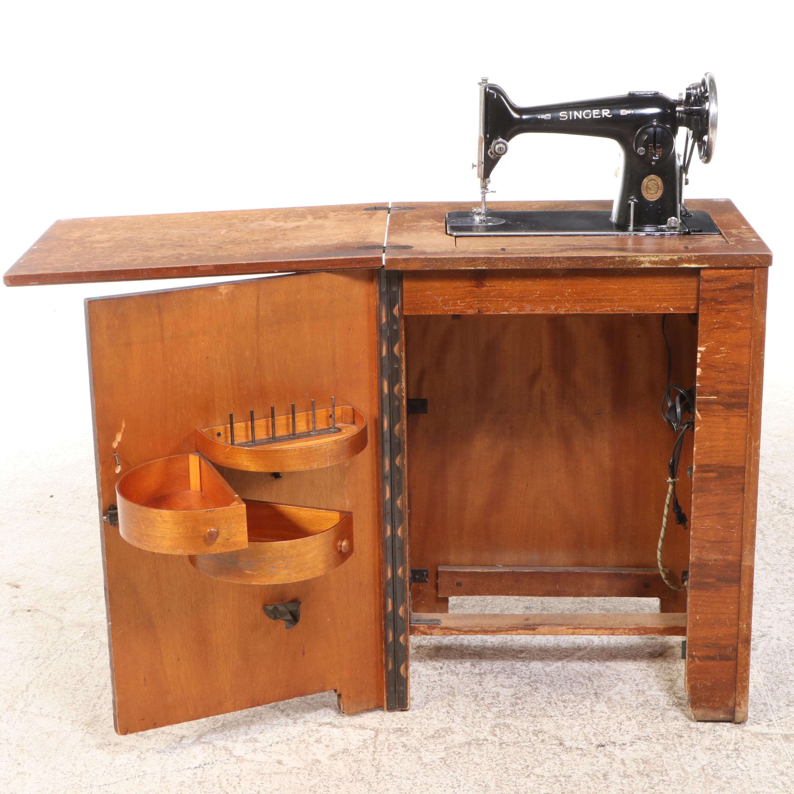 Singer 201-D German Sewing Machine w/ Paperclip Decal, Walnut Veneer Cabinet