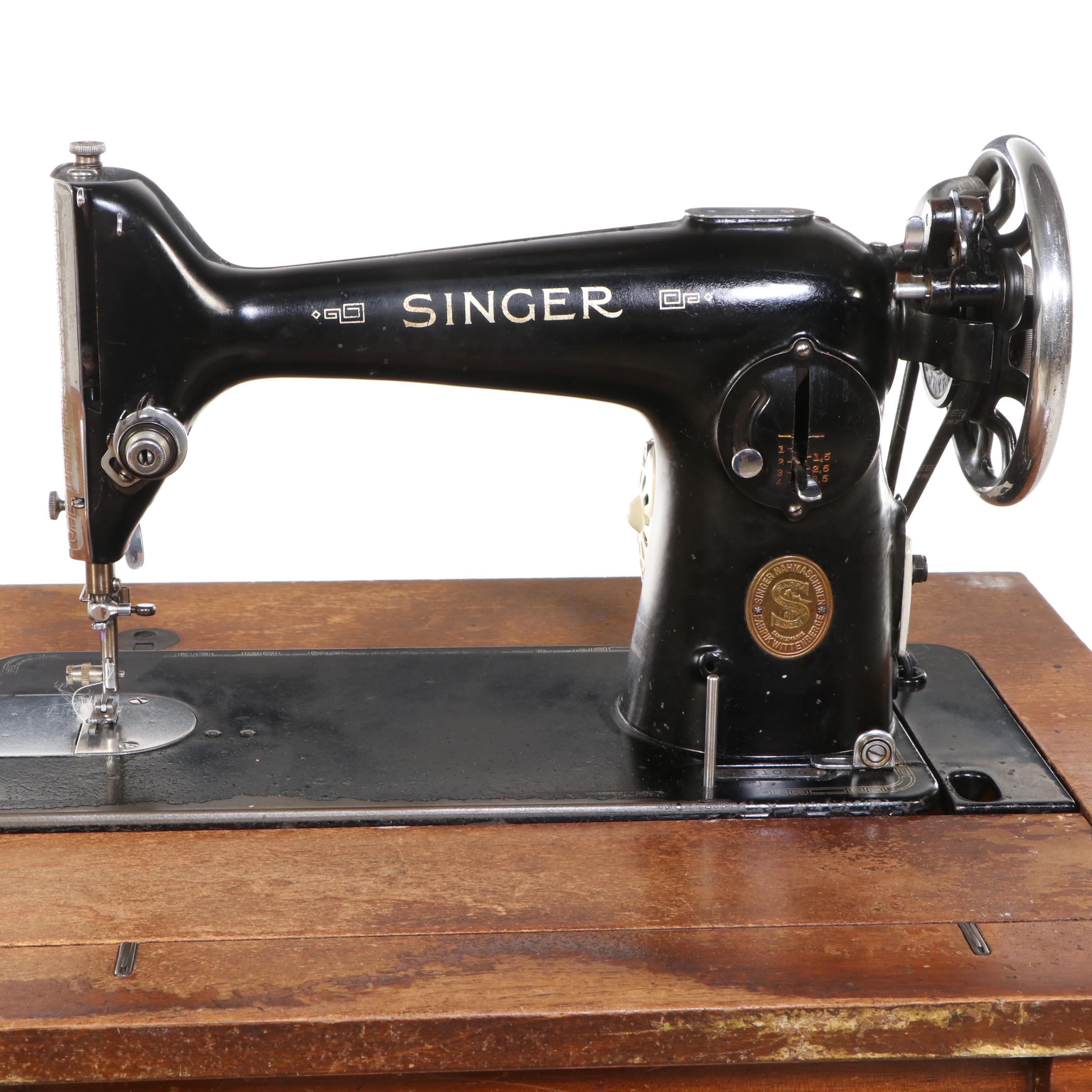 Singer 201-D German Sewing Machine w/ Paperclip Decal, Walnut Veneer Cabinet