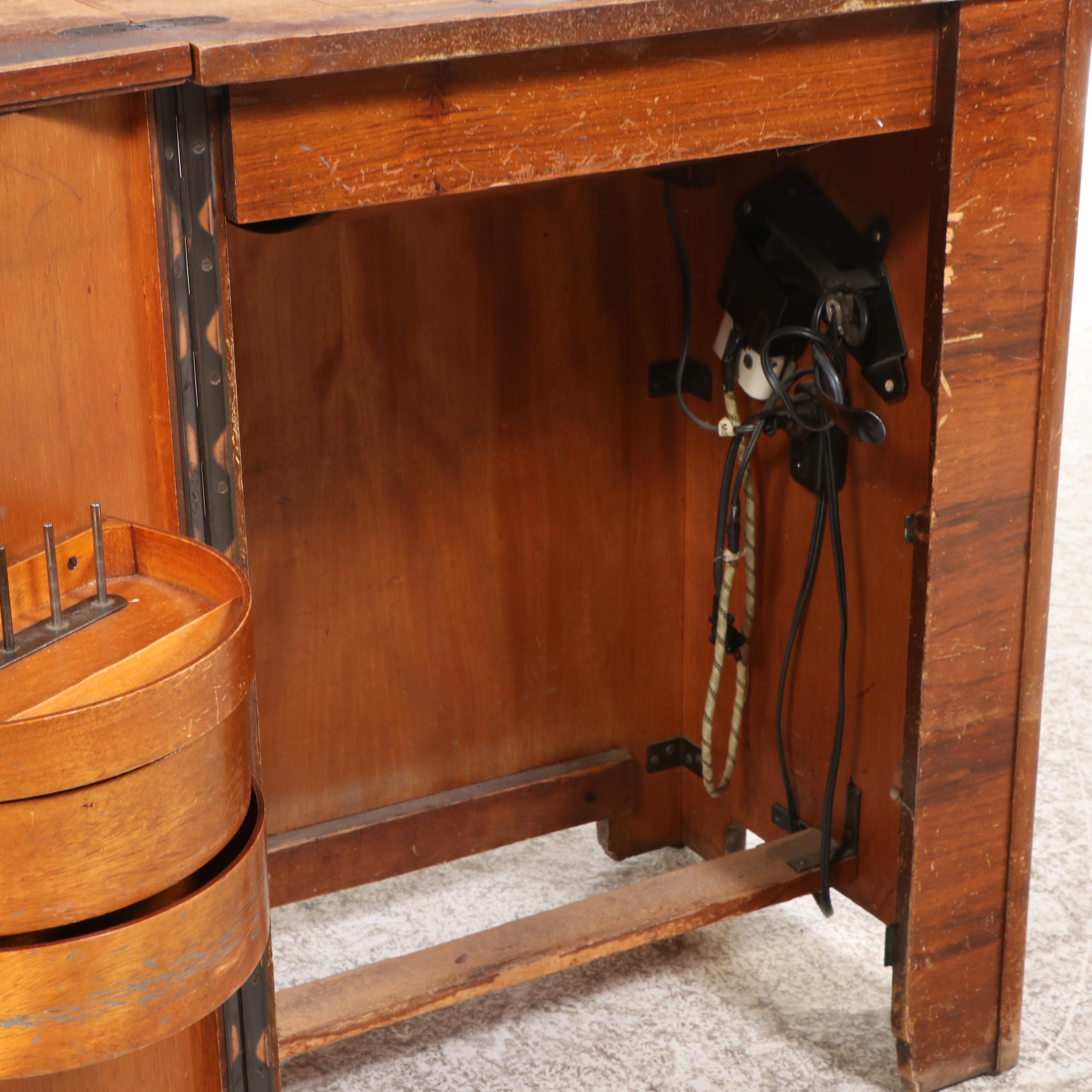 Singer 201-D German Sewing Machine w/ Paperclip Decal, Walnut Veneer Cabinet