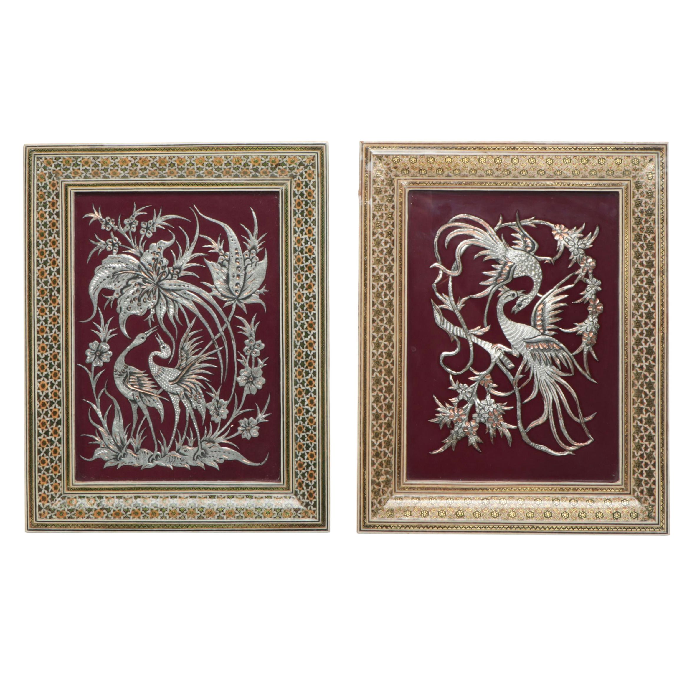 Persian Khatam Kari Textile Art Panels with Indian Marquetry Frames