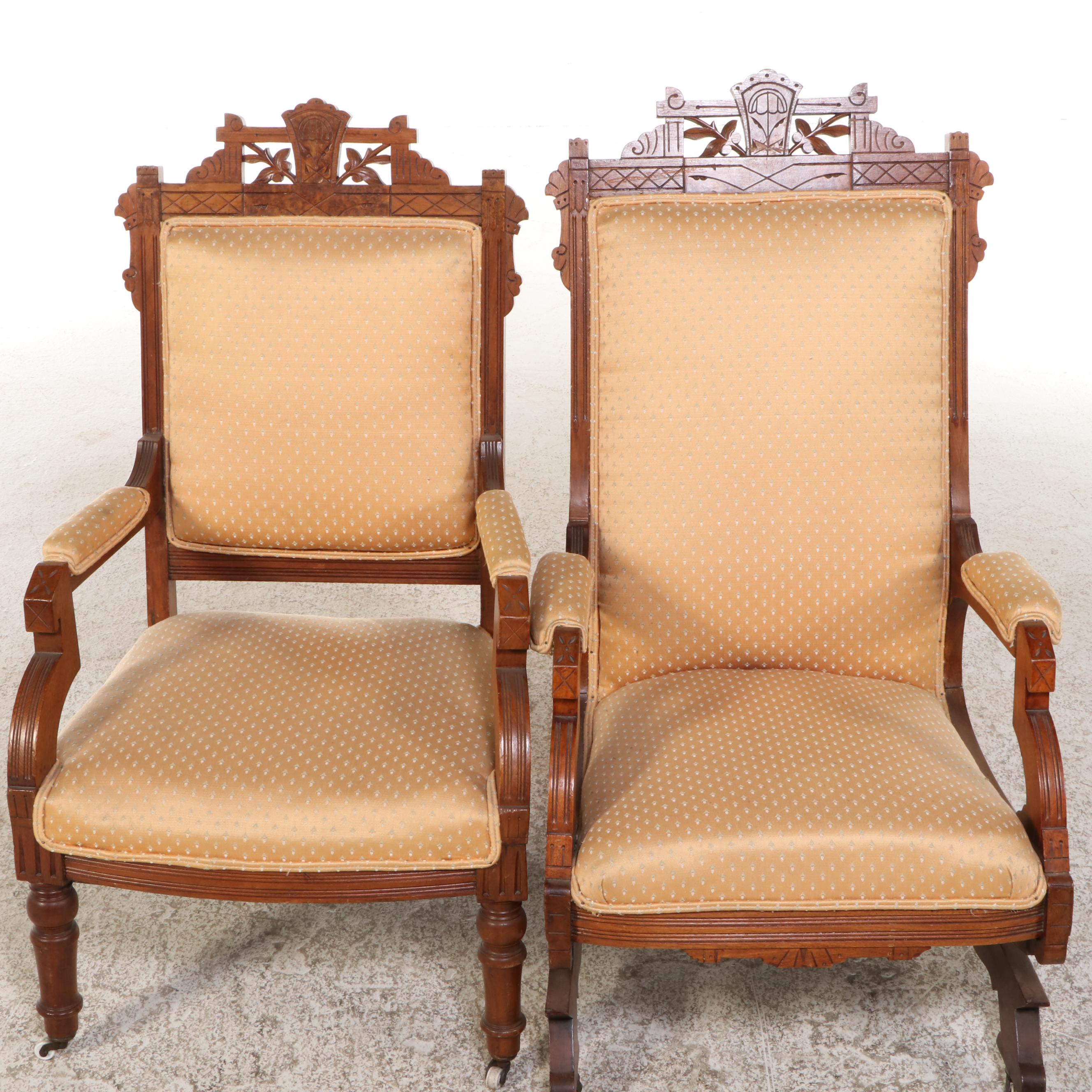 Victorian Upholstered Walnut Rocking Chair and Armchair on Porcelain Casters