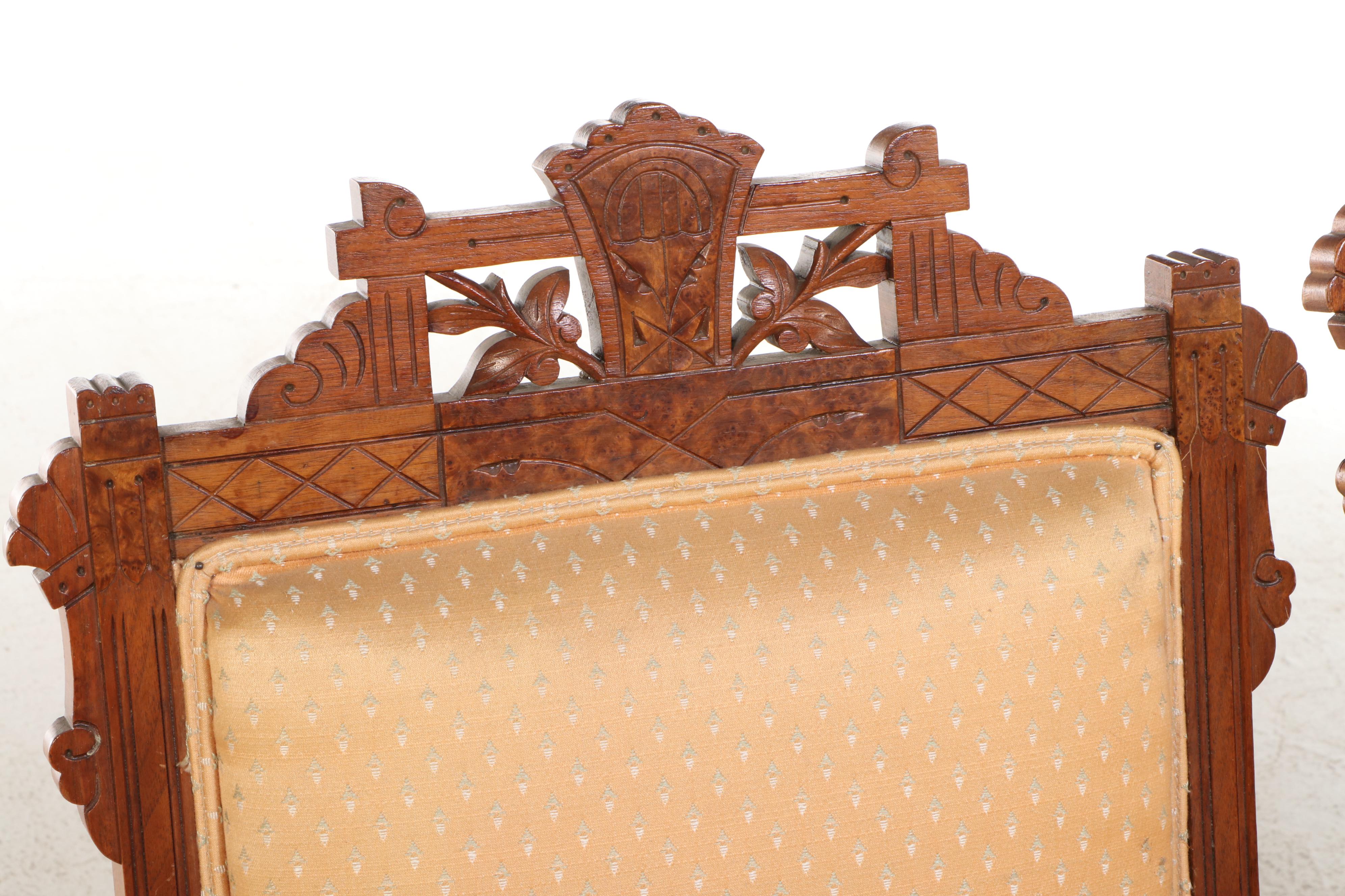 Victorian Upholstered Walnut Rocking Chair and Armchair on Porcelain Casters