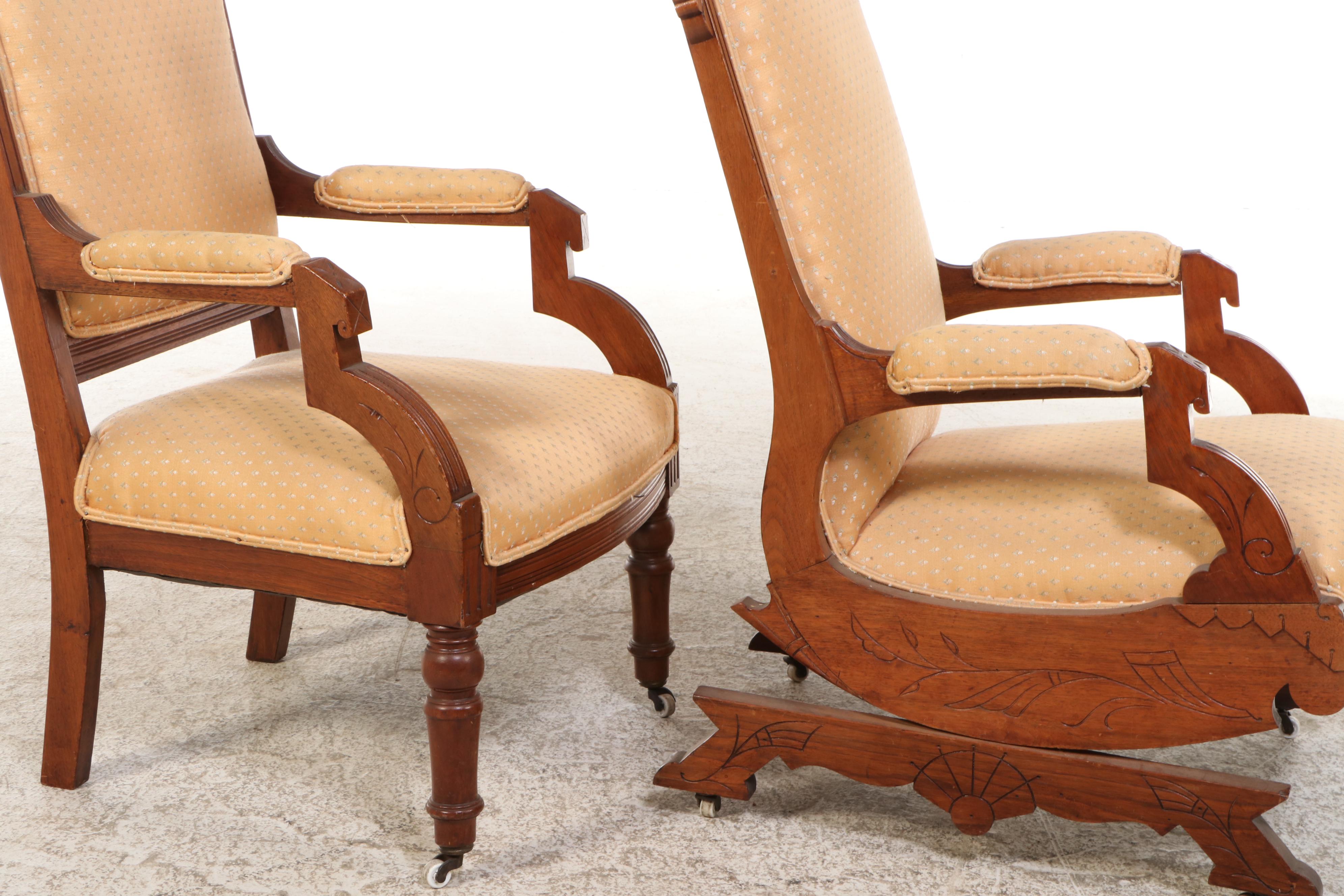 Victorian Upholstered Walnut Rocking Chair and Armchair on Porcelain Casters