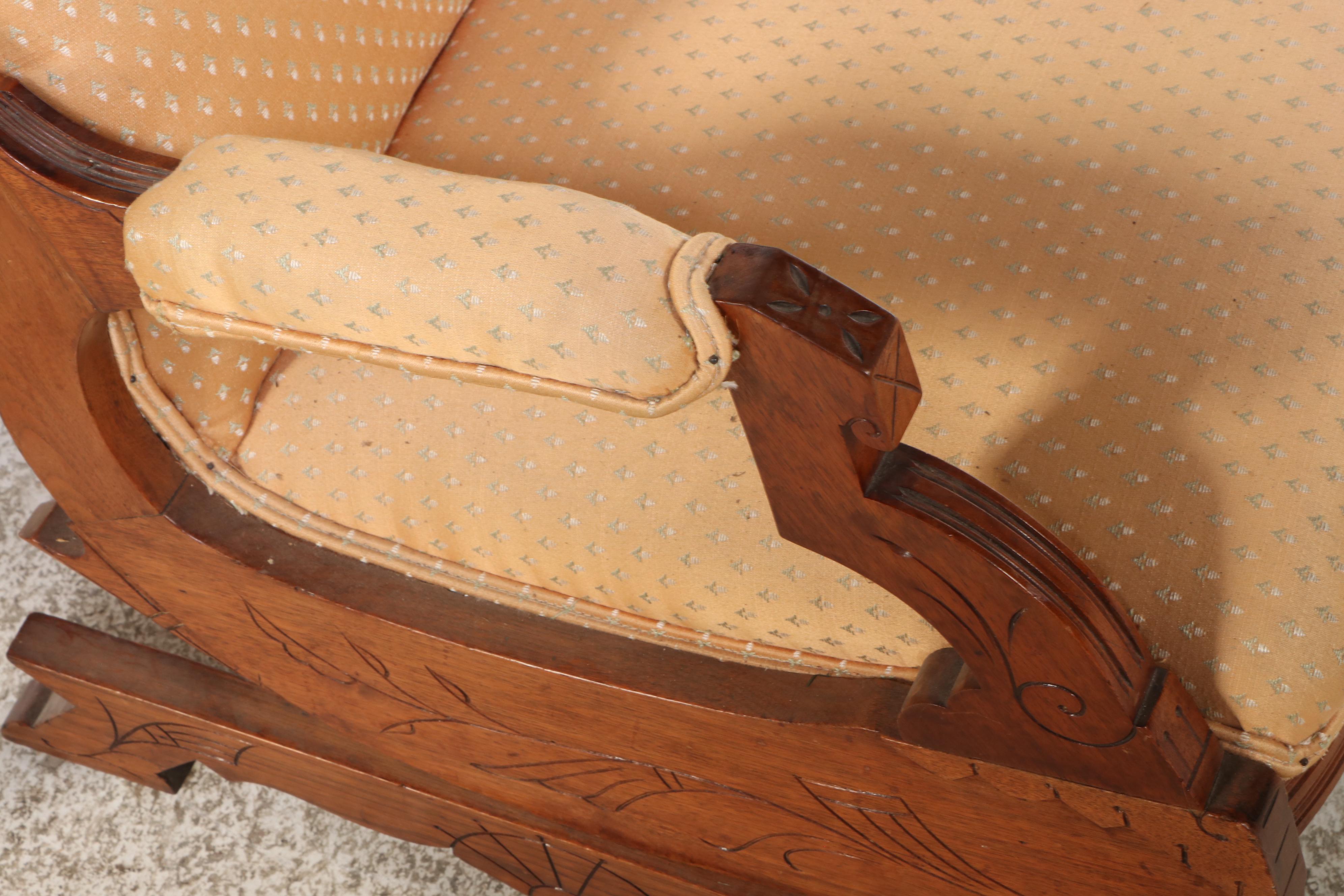 Victorian Upholstered Walnut Rocking Chair and Armchair on Porcelain Casters