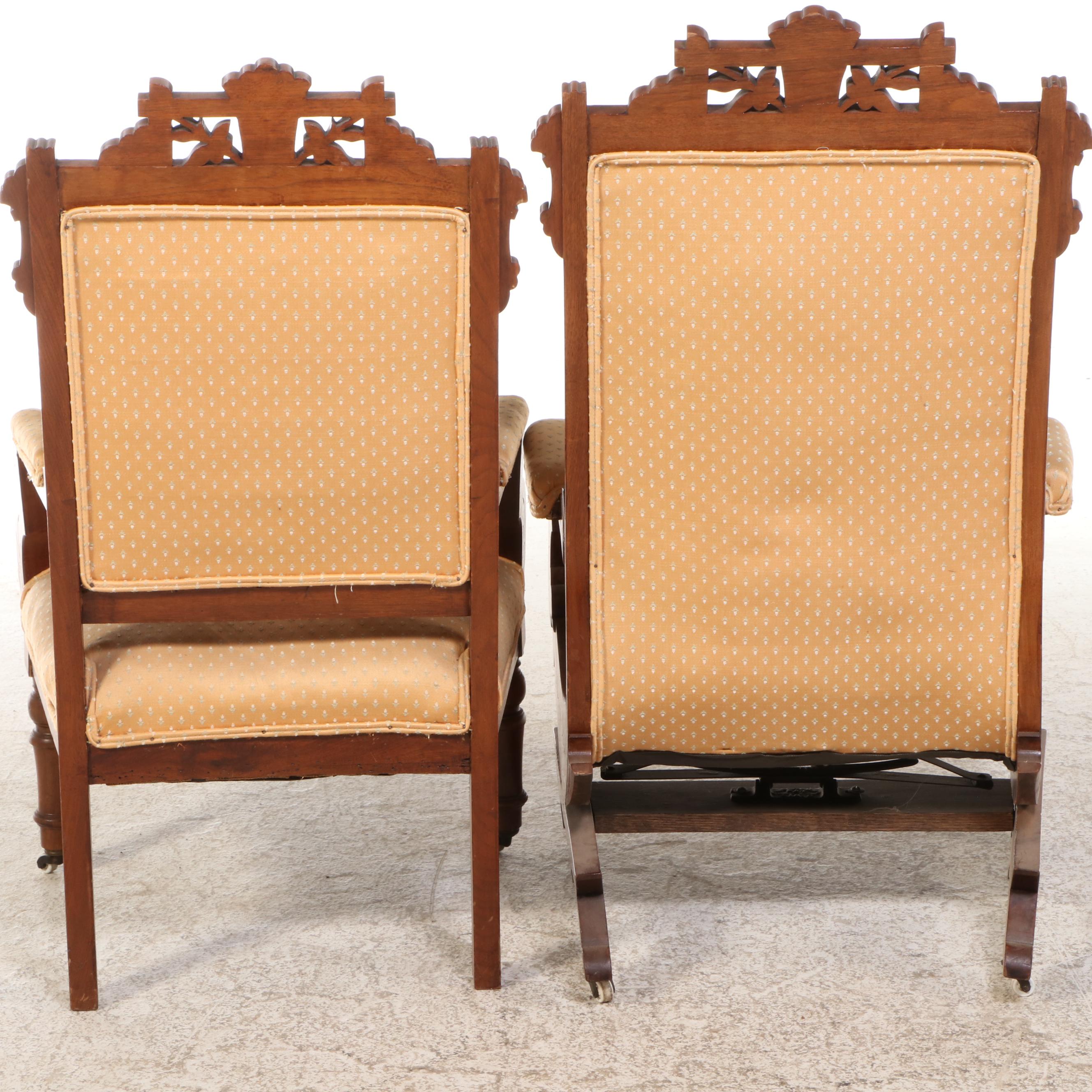 Victorian Upholstered Walnut Rocking Chair and Armchair on Porcelain Casters