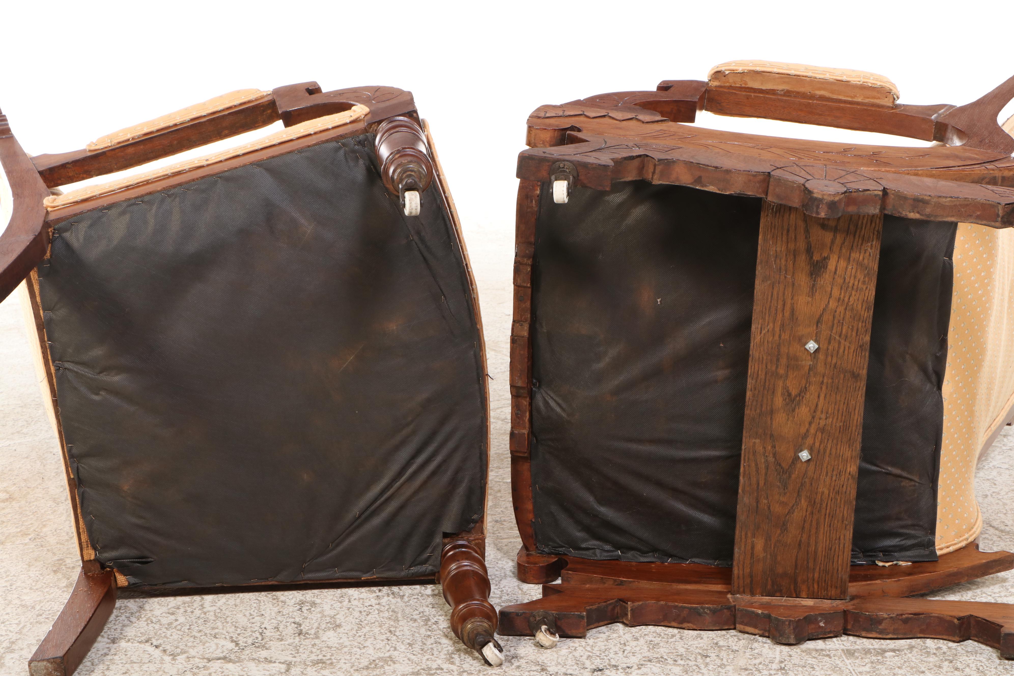 Victorian Upholstered Walnut Rocking Chair and Armchair on Porcelain Casters
