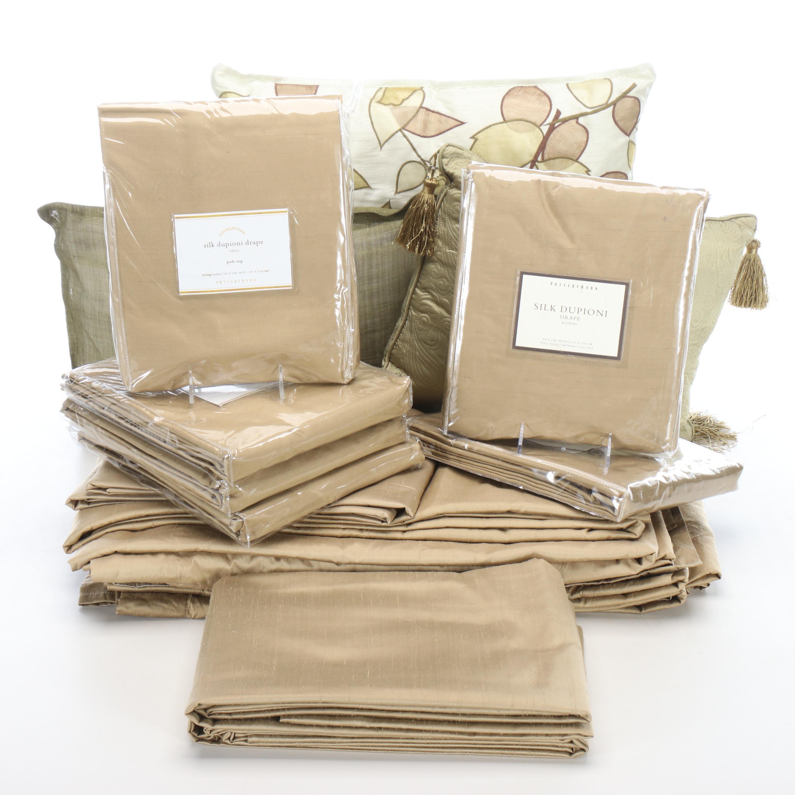 Pottery Barn and Foundations Silk Dupioni Drapes with Throw Pillows