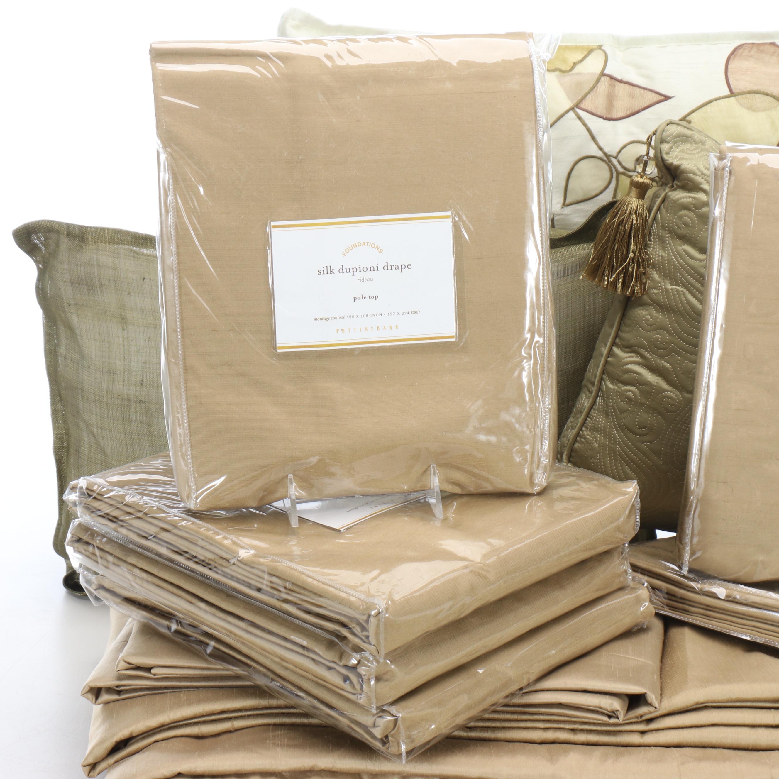 Pottery Barn and Foundations Silk Dupioni Drapes with Throw Pillows