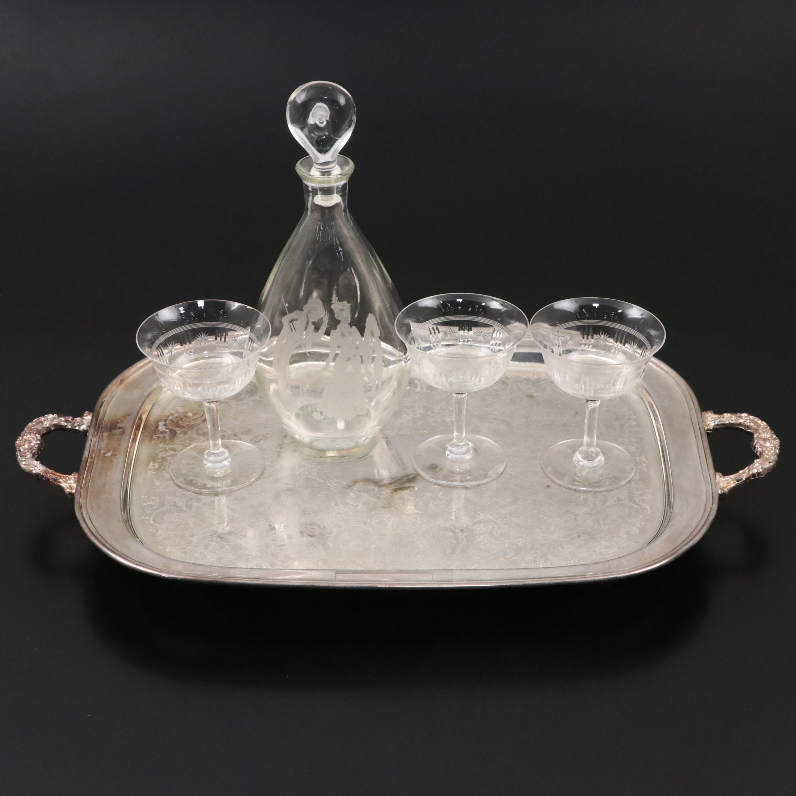 I. W. Harper Glass Decanter with Silver Plate Tray and Coupe Champagne Glasses