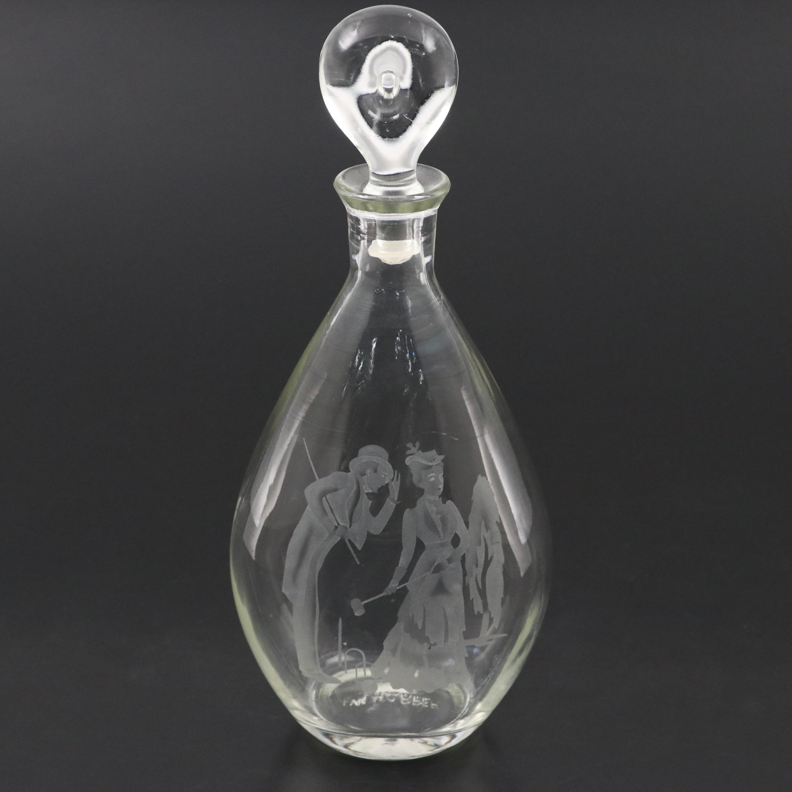 I. W. Harper Glass Decanter with Silver Plate Tray and Coupe Champagne Glasses