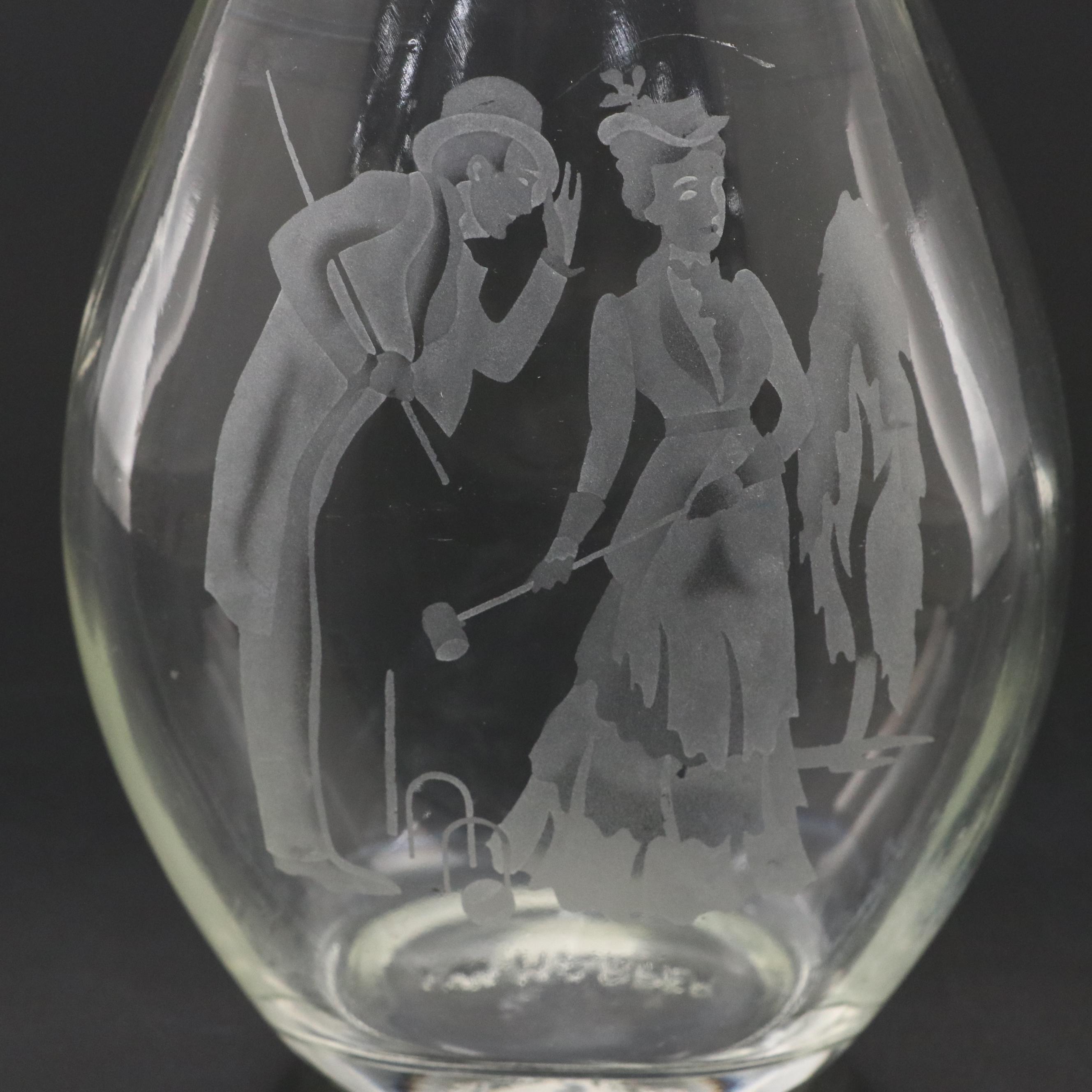 I. W. Harper Glass Decanter with Silver Plate Tray and Coupe Champagne Glasses