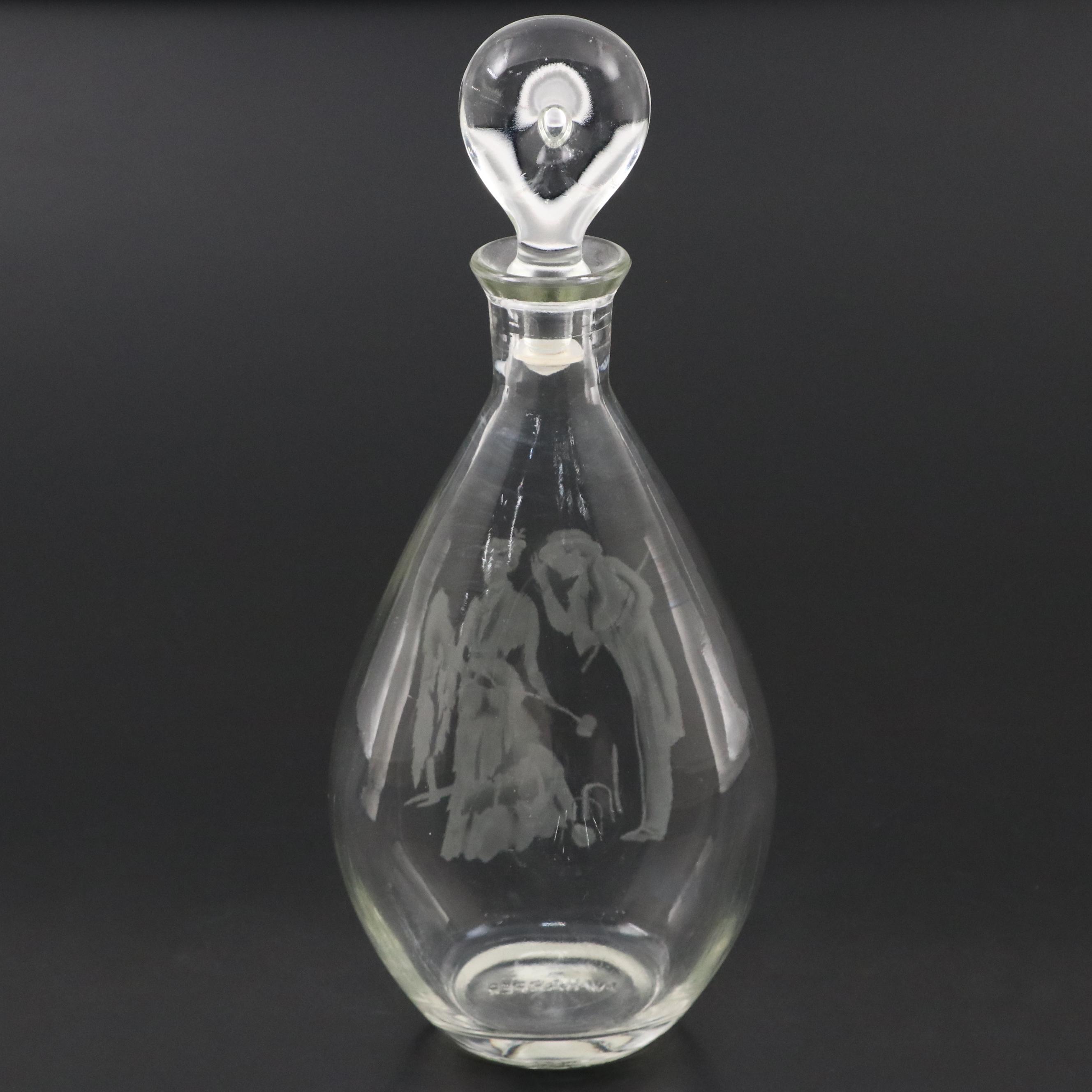 I. W. Harper Glass Decanter with Silver Plate Tray and Coupe Champagne Glasses